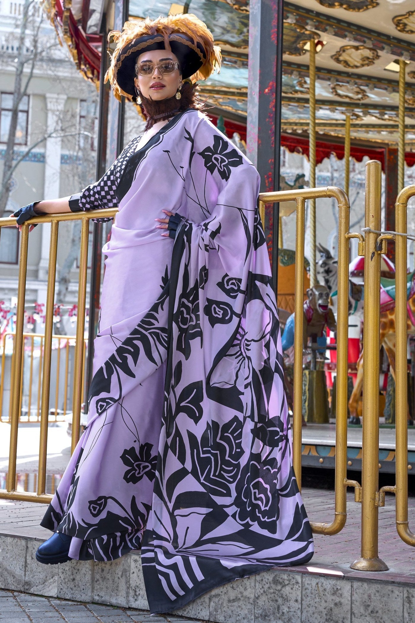 Pale Purple Printed Satin Crepe Silk Saree