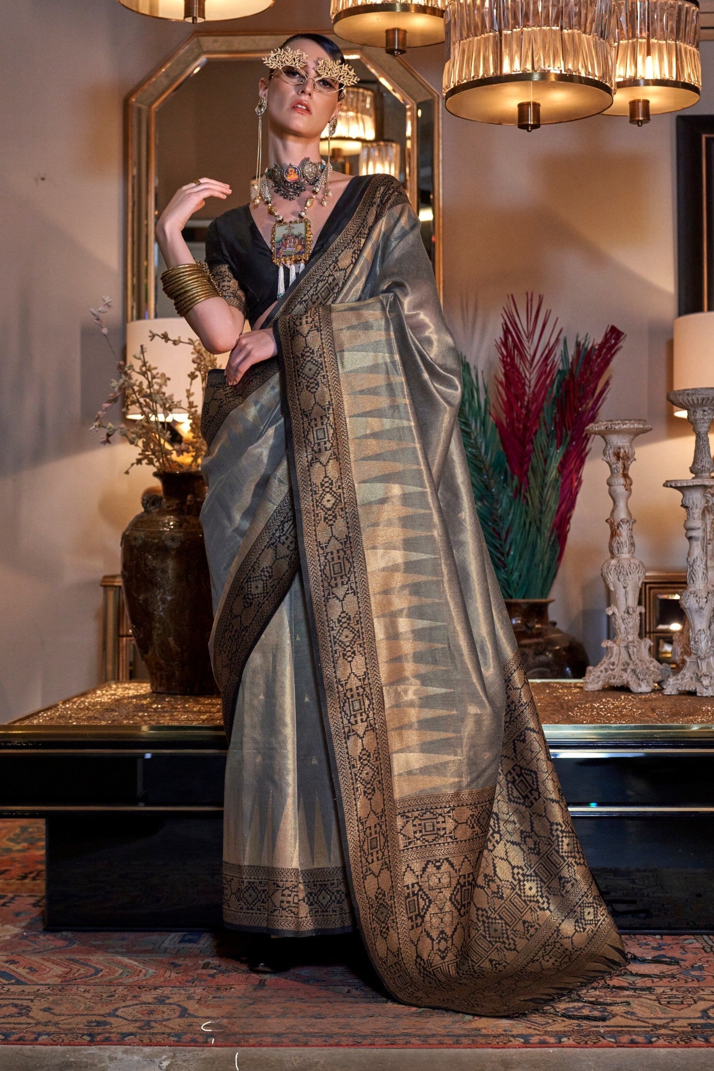 Smokey Grey Woven Tissue Silk Saree