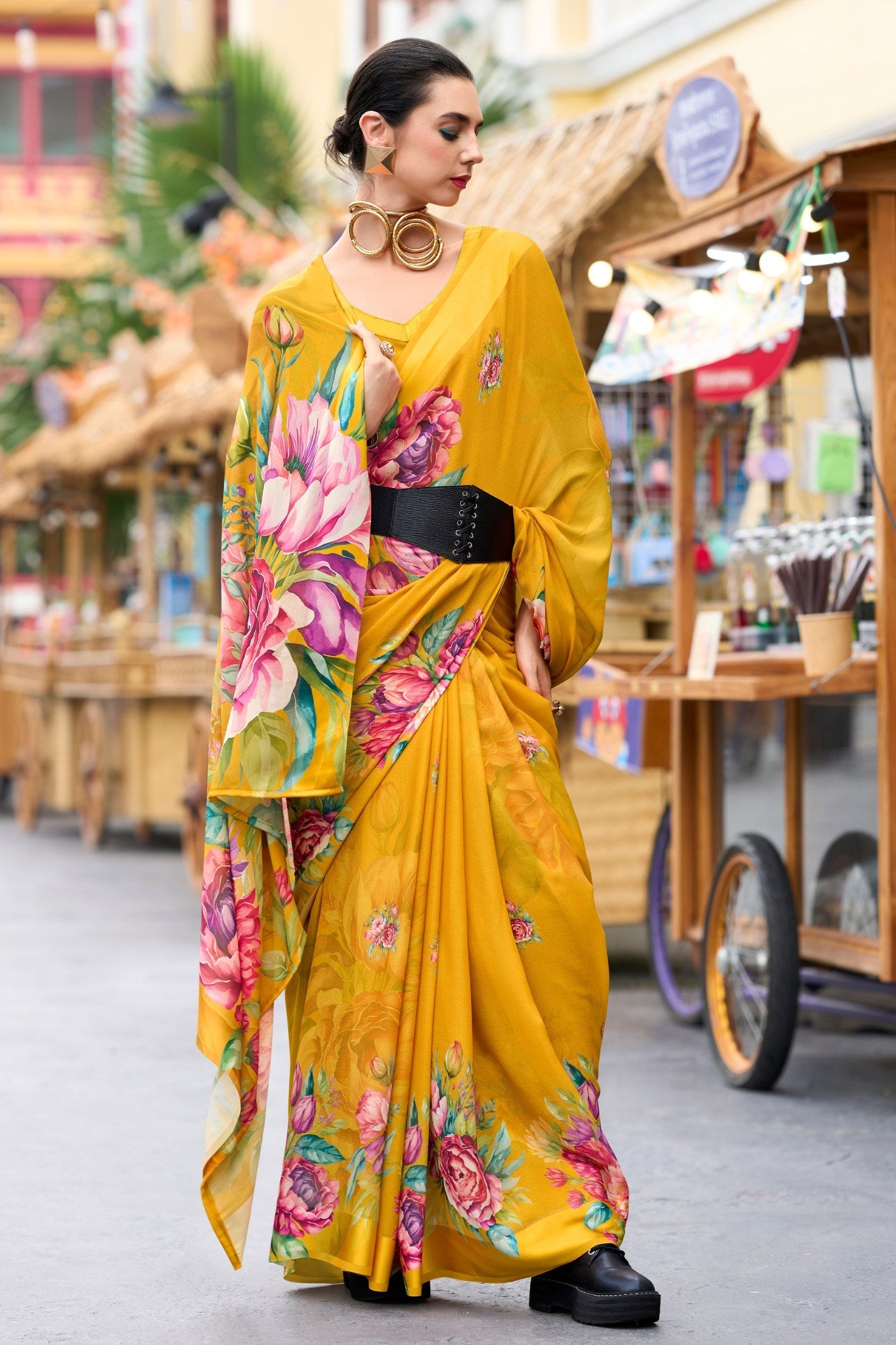 Tree Poppy Yellow Printed Georgette Saree