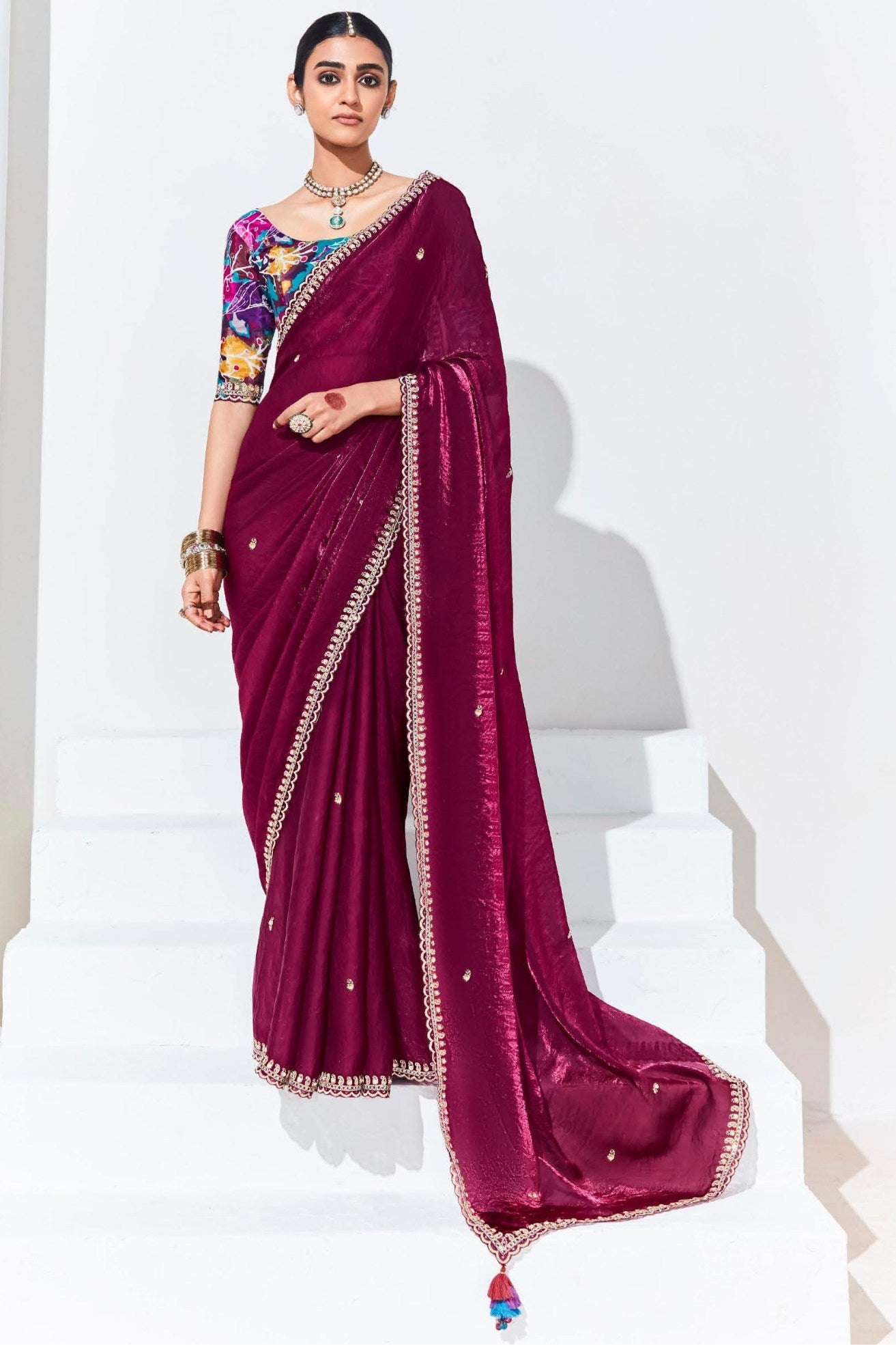 Rose Bud Cherry Maroon Tissue Organza Designer Partywear Saree