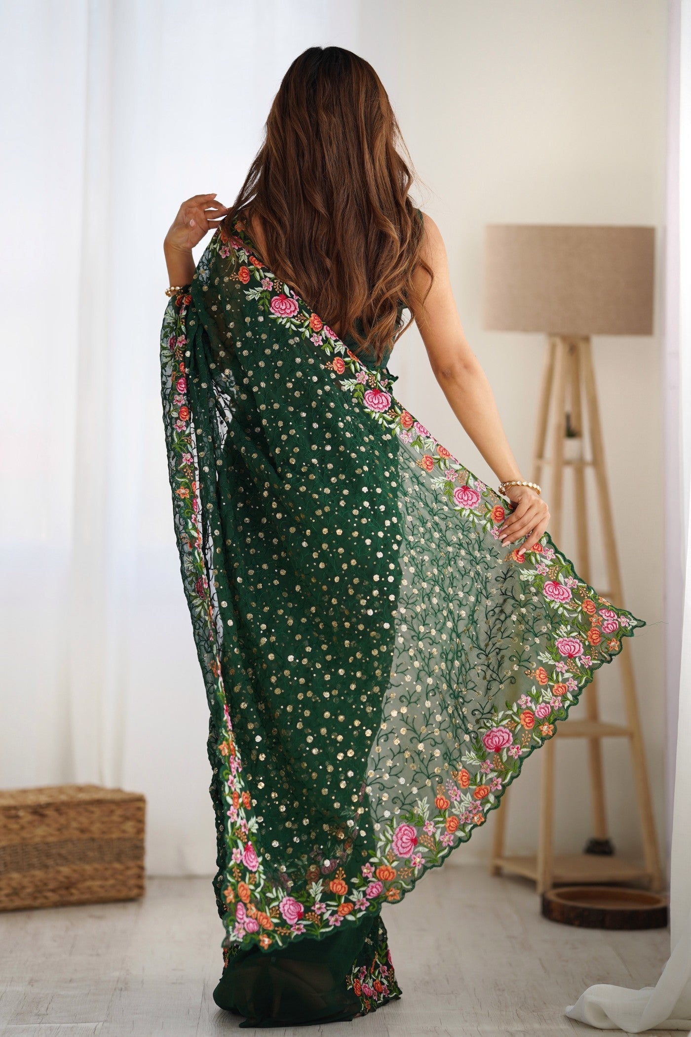 Basil Green Embroidered Georgette Saree