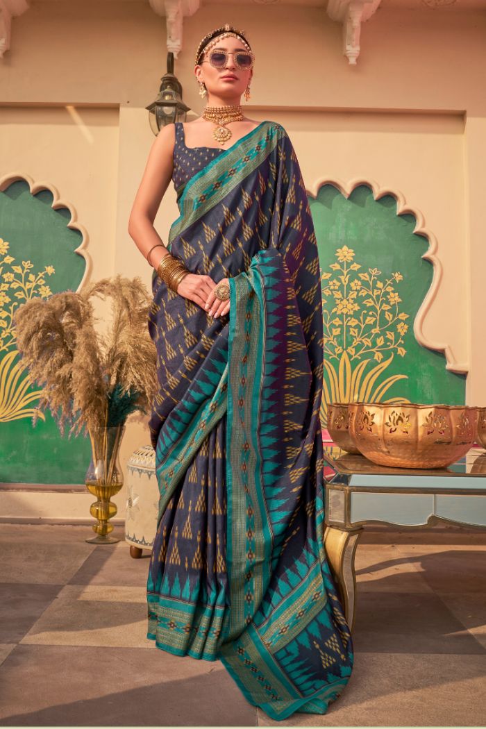 Berry Blue Printed Banarasi Soft Silk Saree