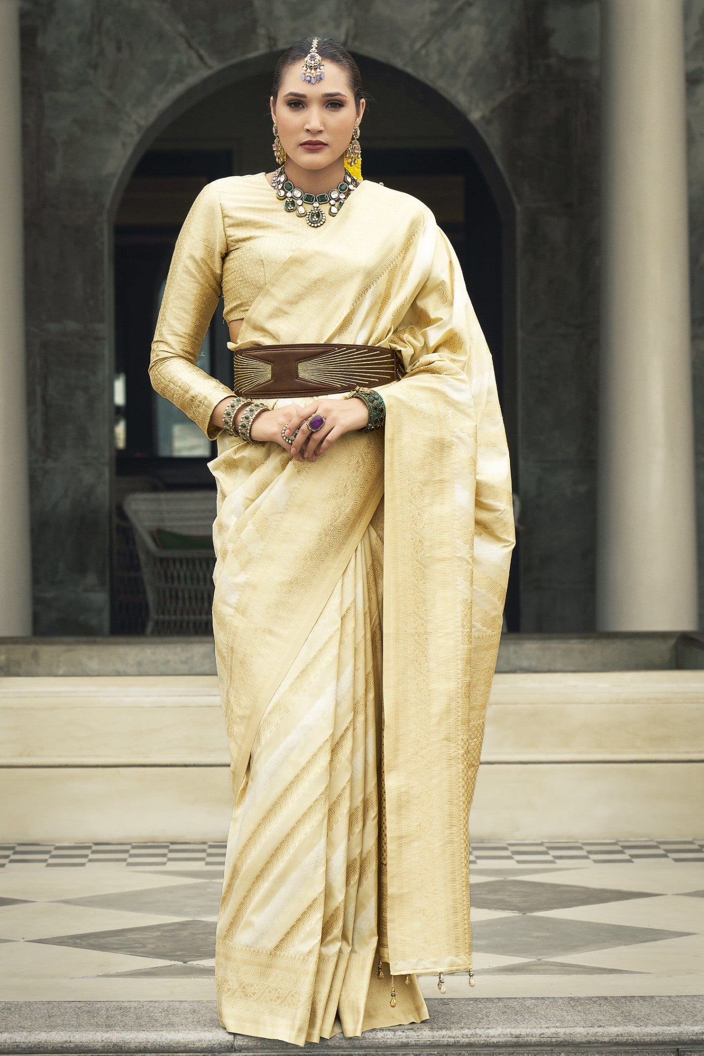 Hampton Cream Woven Banarasi Saree