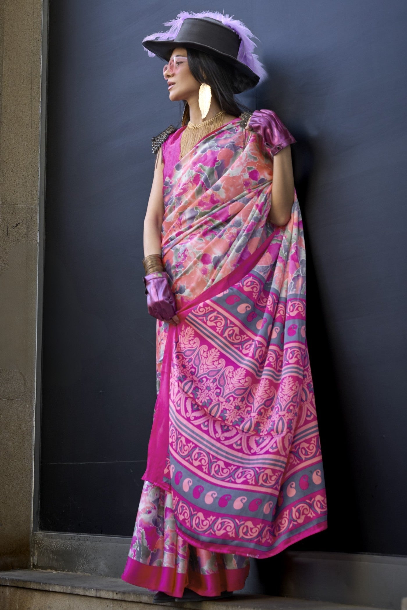 Punch Pink Printed Satin Crepe Silk Saree