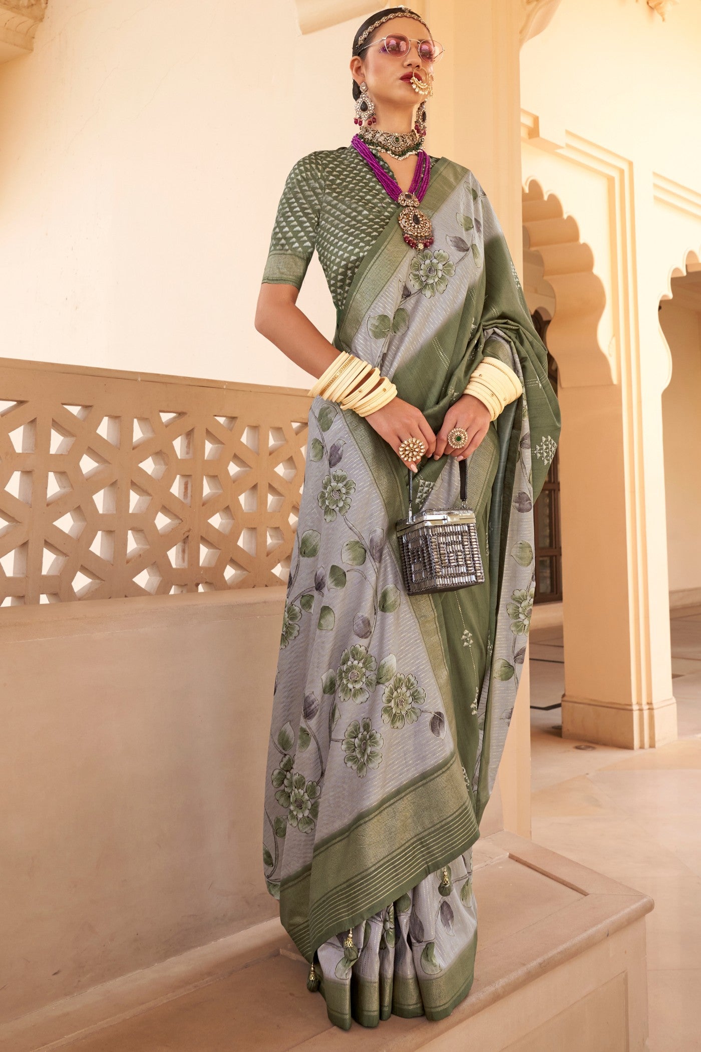 Zorba Grey Floral Printed Banarasi Saree