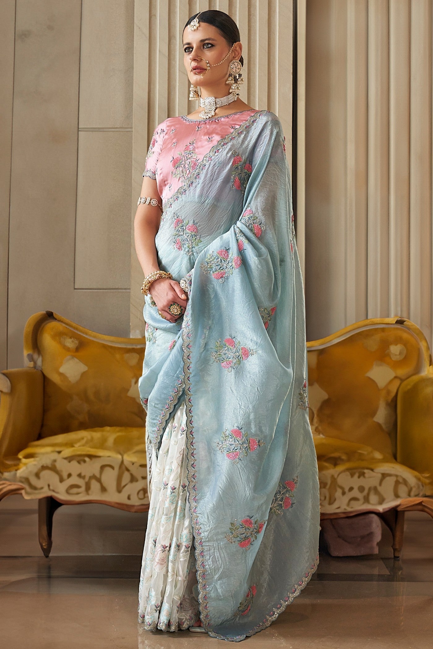 Gunsmoke Blue Tissue Designer Saree