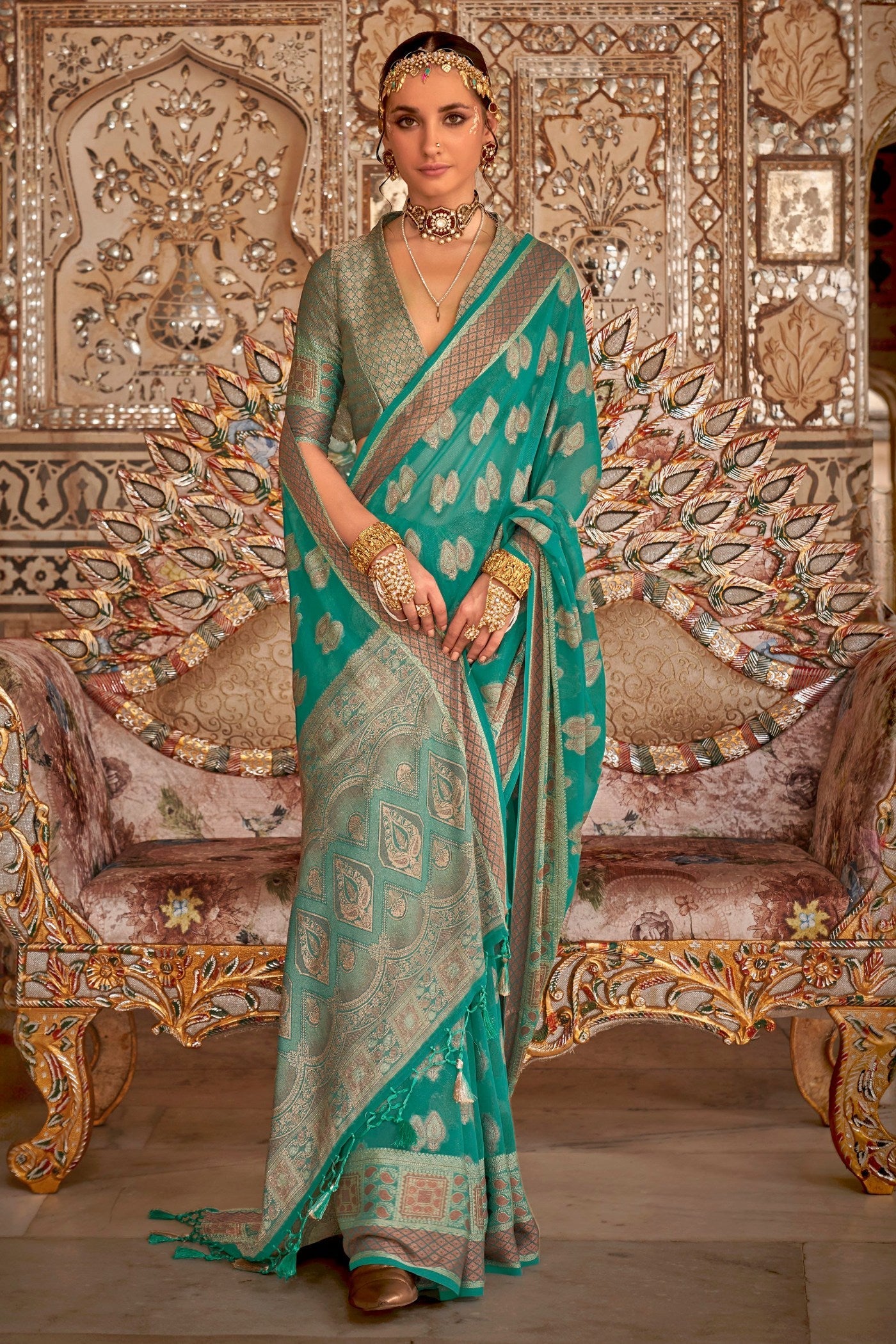 Summer Green Zari Woven Georgette Saree