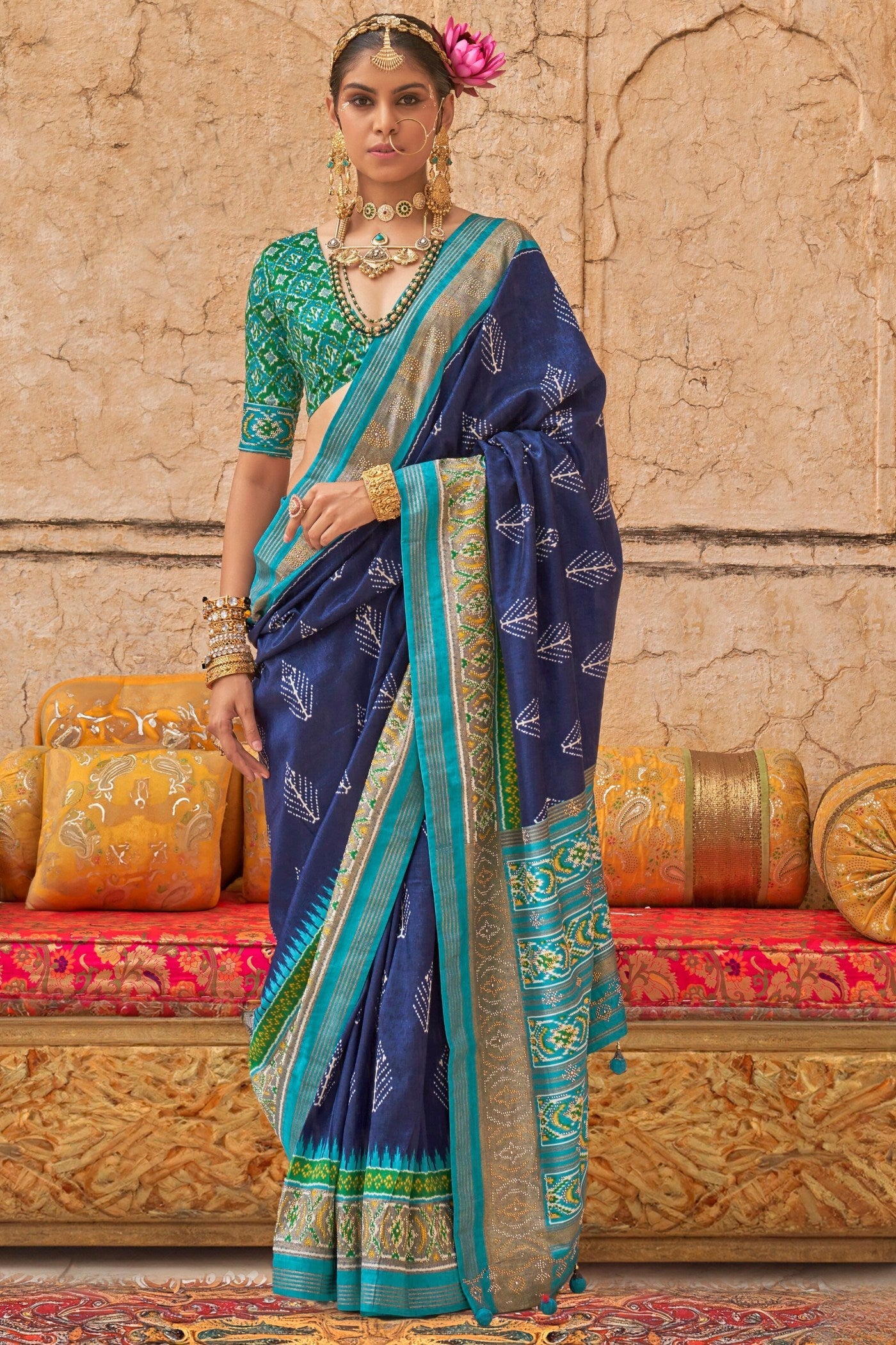 Bellflower Blue Printed Patola Saree