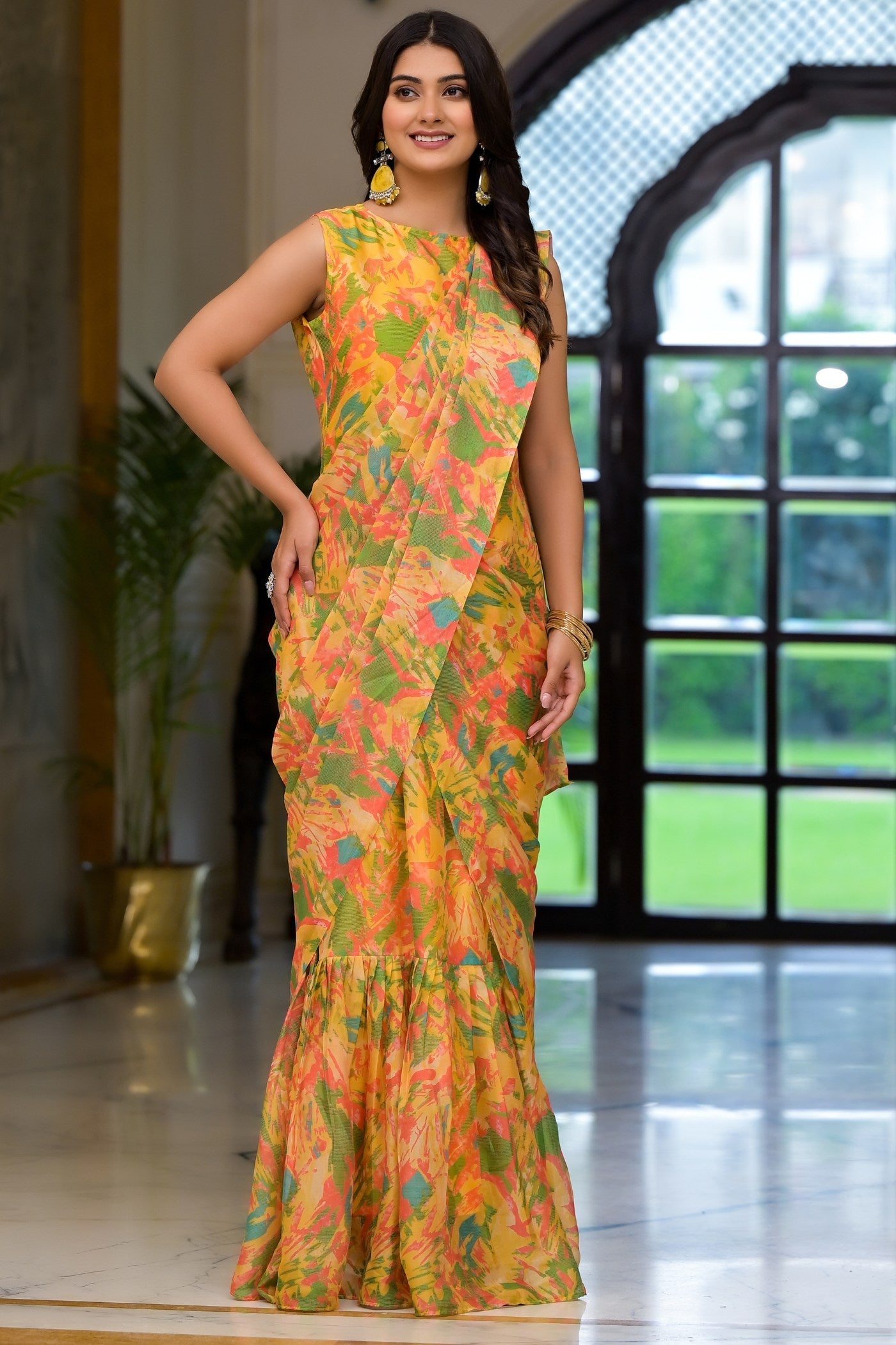 Tulip Yellow Ready To Wear Gown Style Georgette Saree