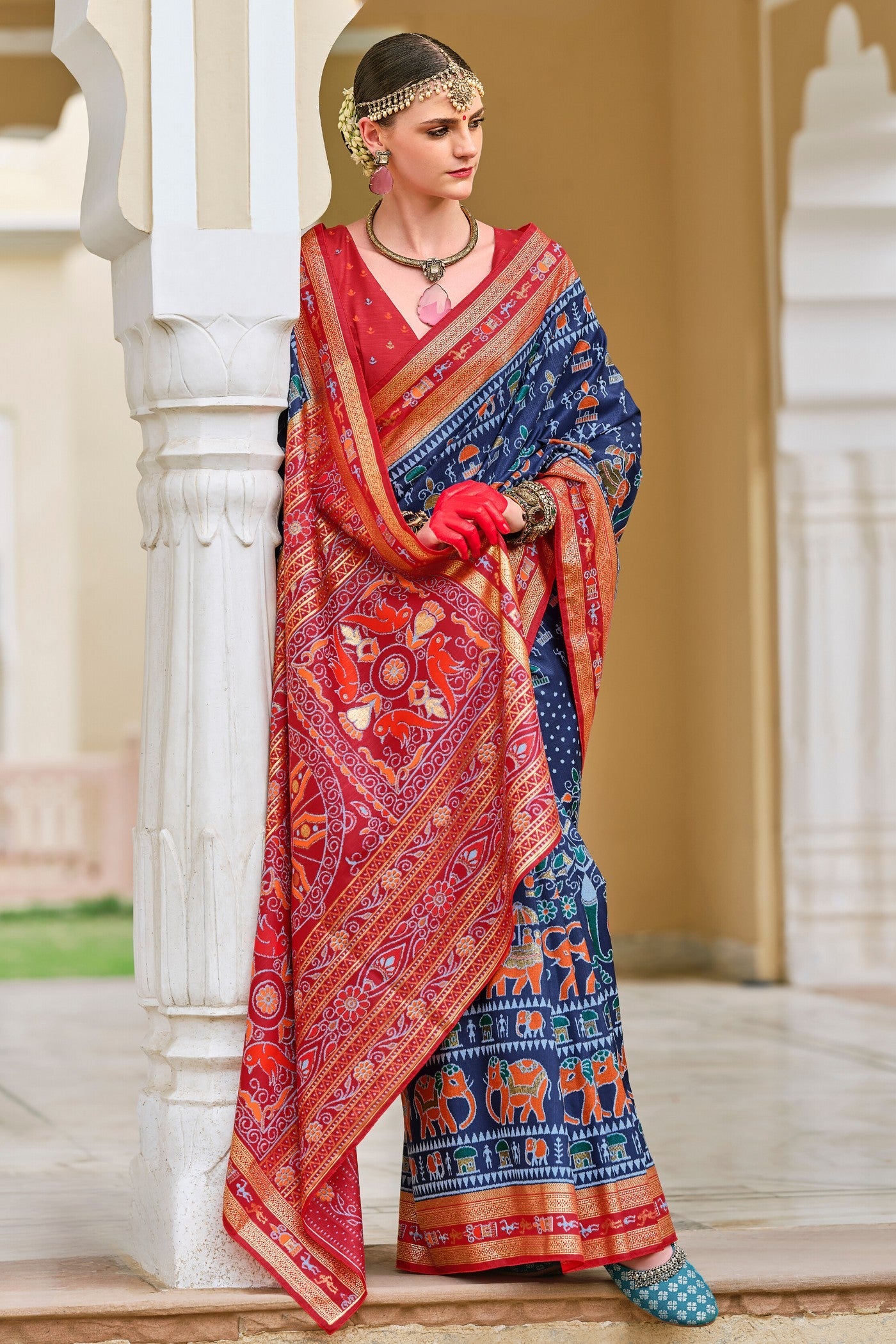 Oxford Blue and Red Printed Patola Saree