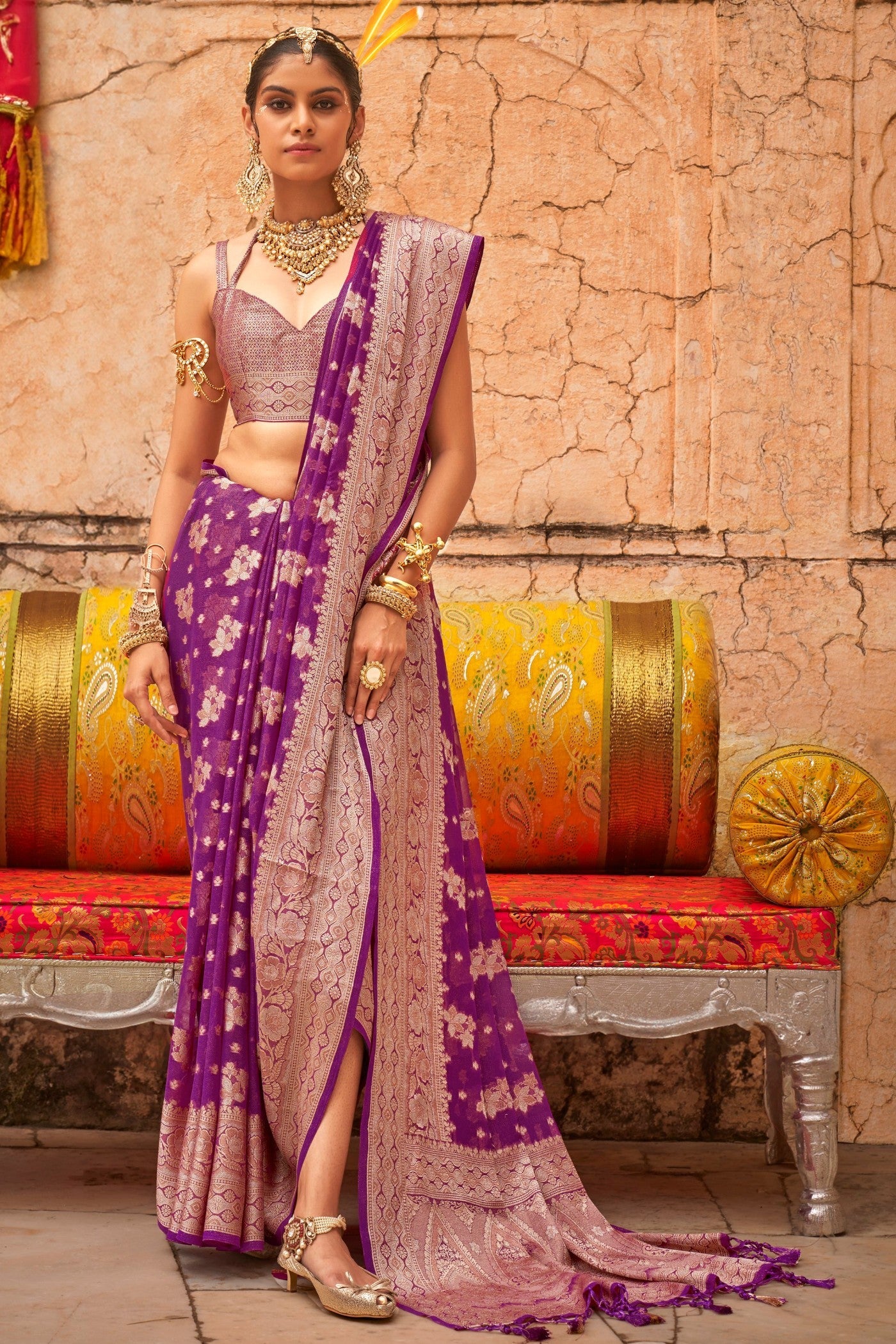 Roseberry Purple Zari Woven Georgette Saree