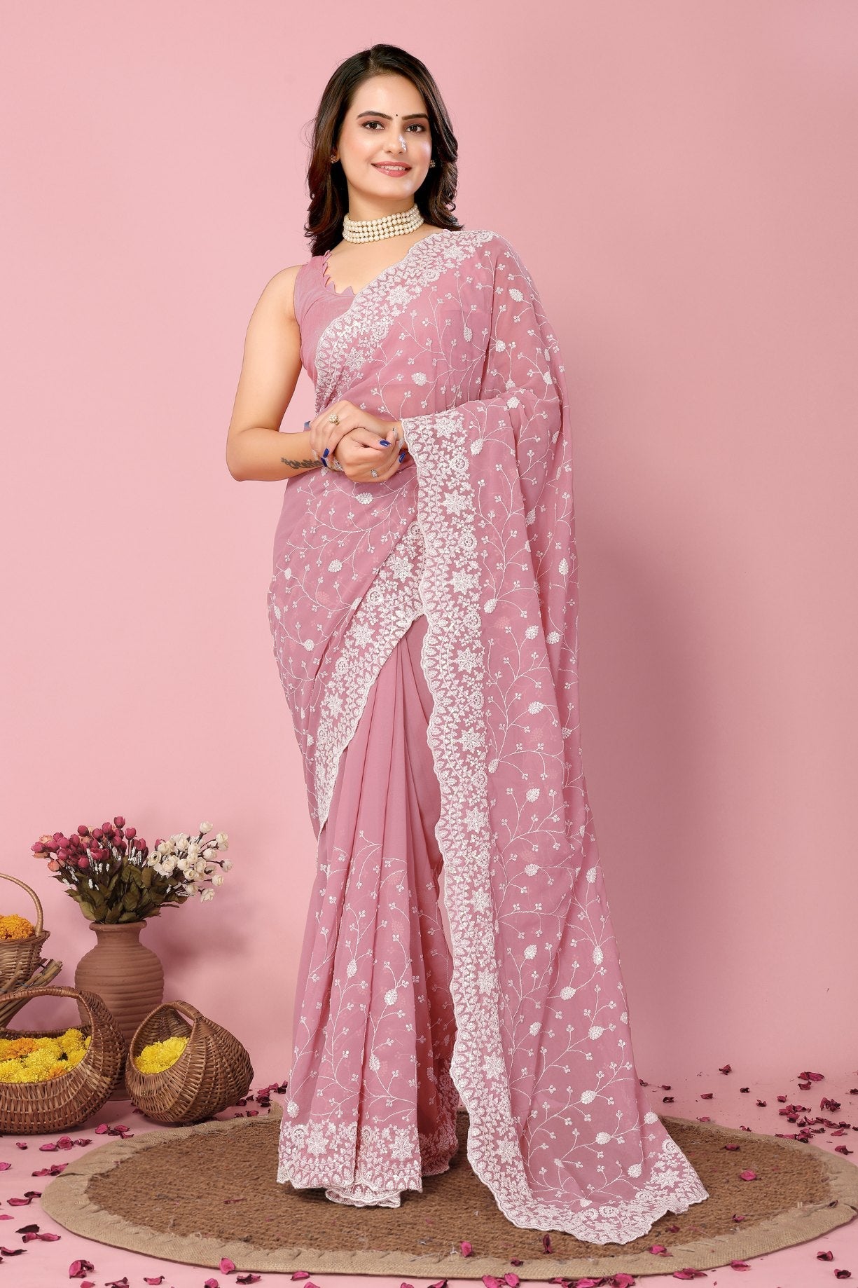 Blossom Pink Georgette Embroidered Silk Saree