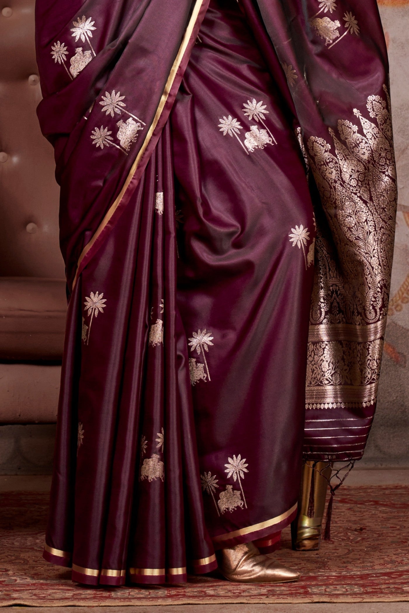 Dark Coco Brown Banarasi Pichwai Satin Saree