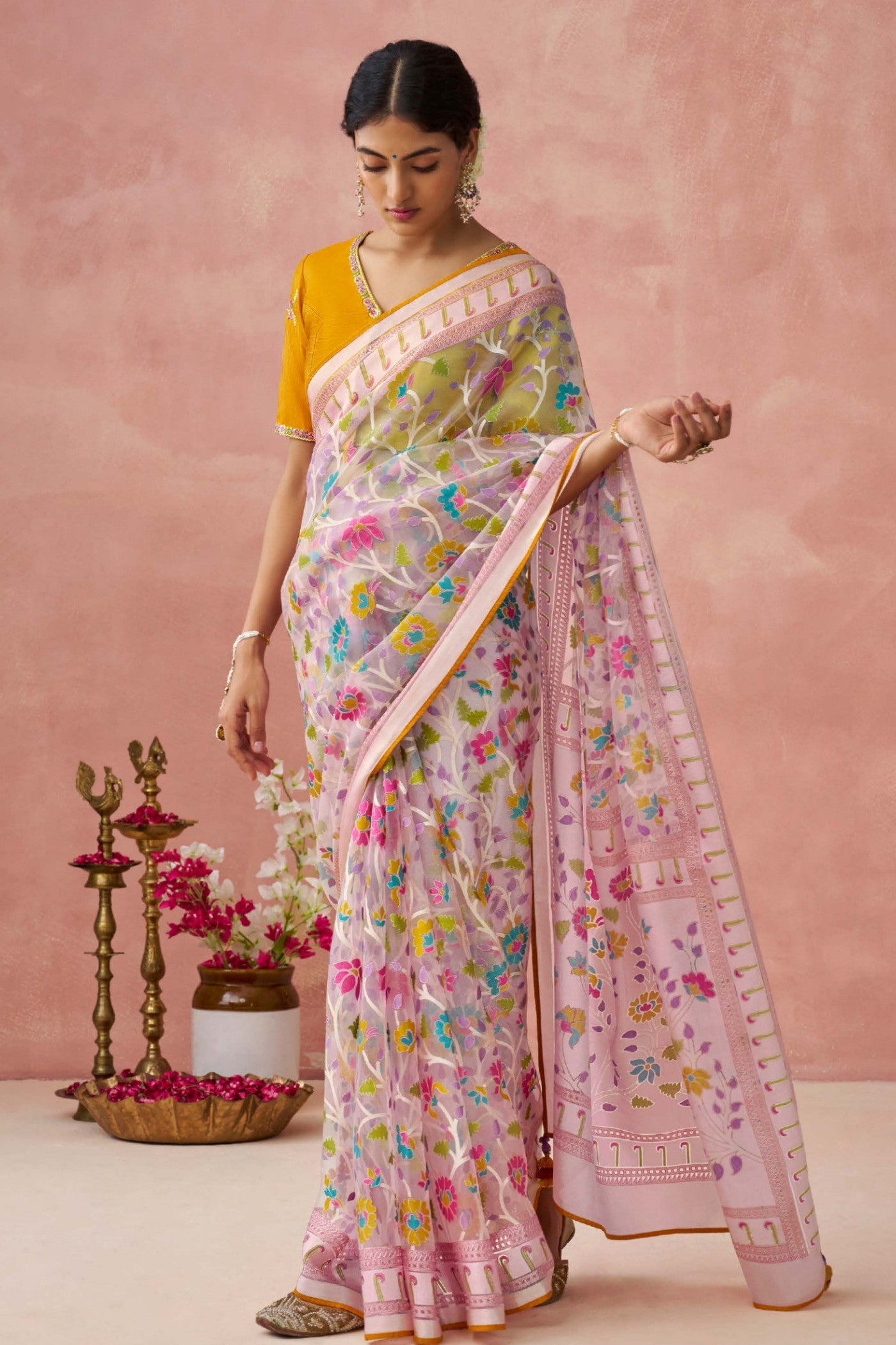 Quicksand Pink Brasso Organza Printed Saree