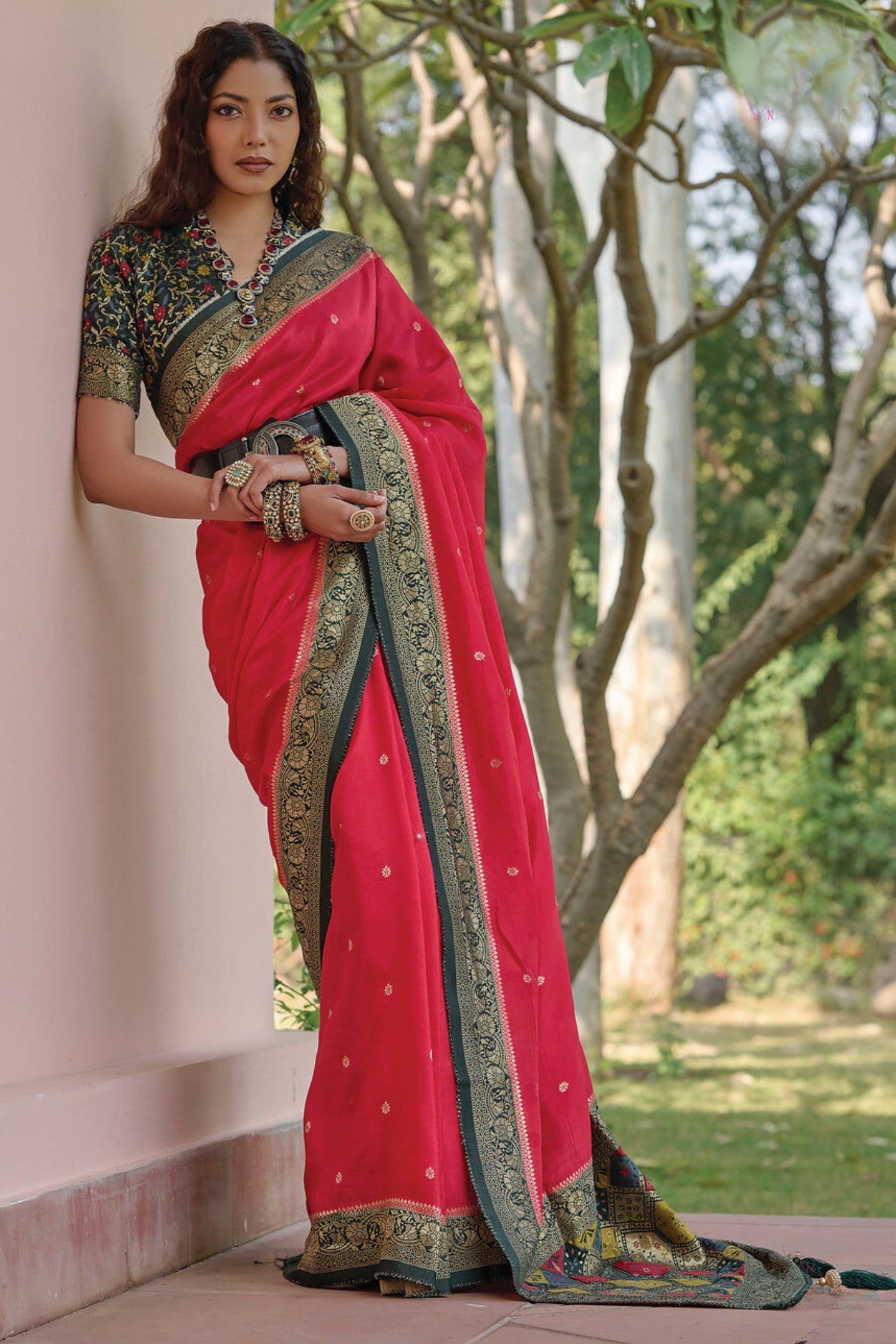 Brick Red and Green Banarasi Handloom Saree