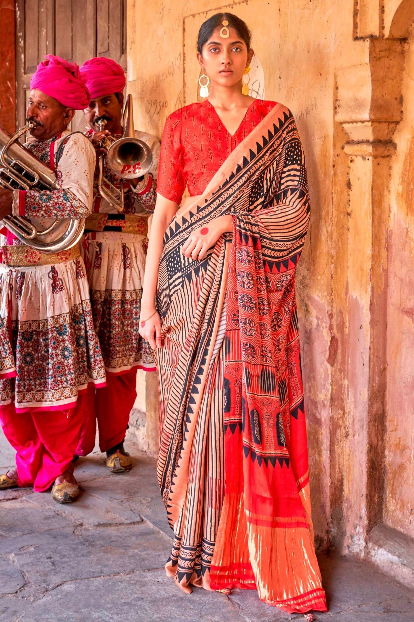 Tacao Peach Ajrakh Handprinted Satin Saree