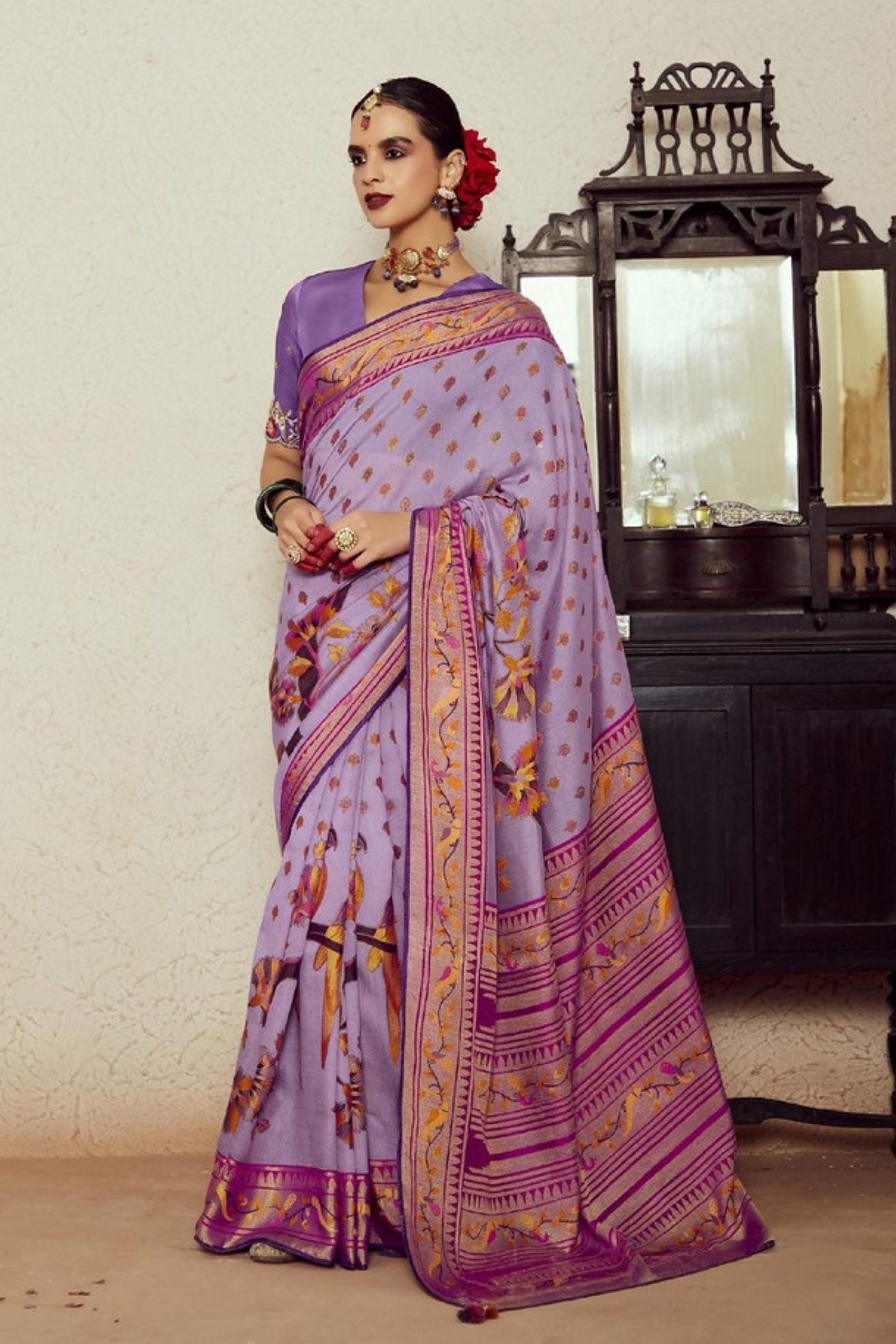 Glossy Grape Lavender Printed Brasso Soft Silk Saree