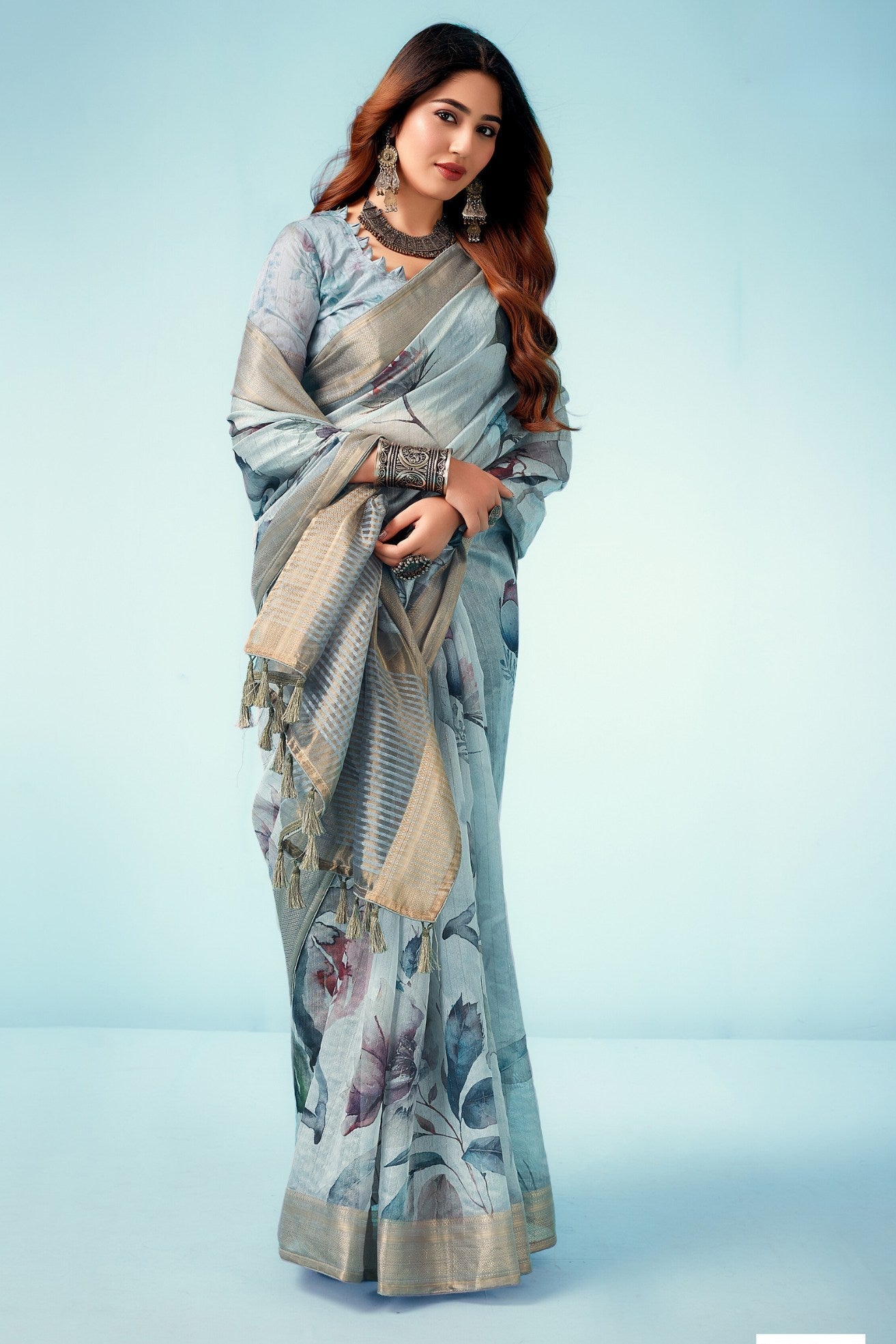 Cascade Blue Floral Linen Saree