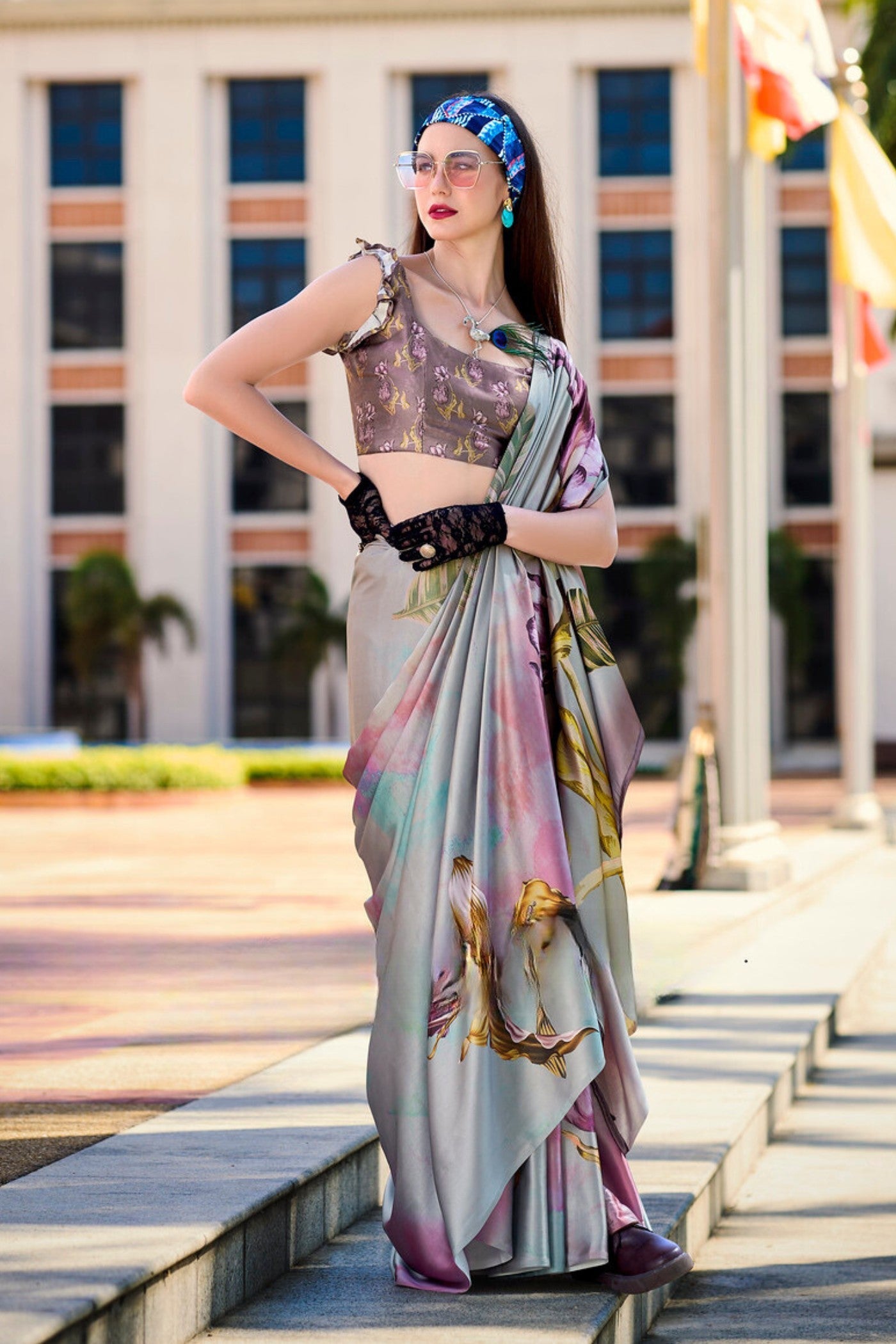 Dusty Grey Printed Satin Crepe Silk Saree