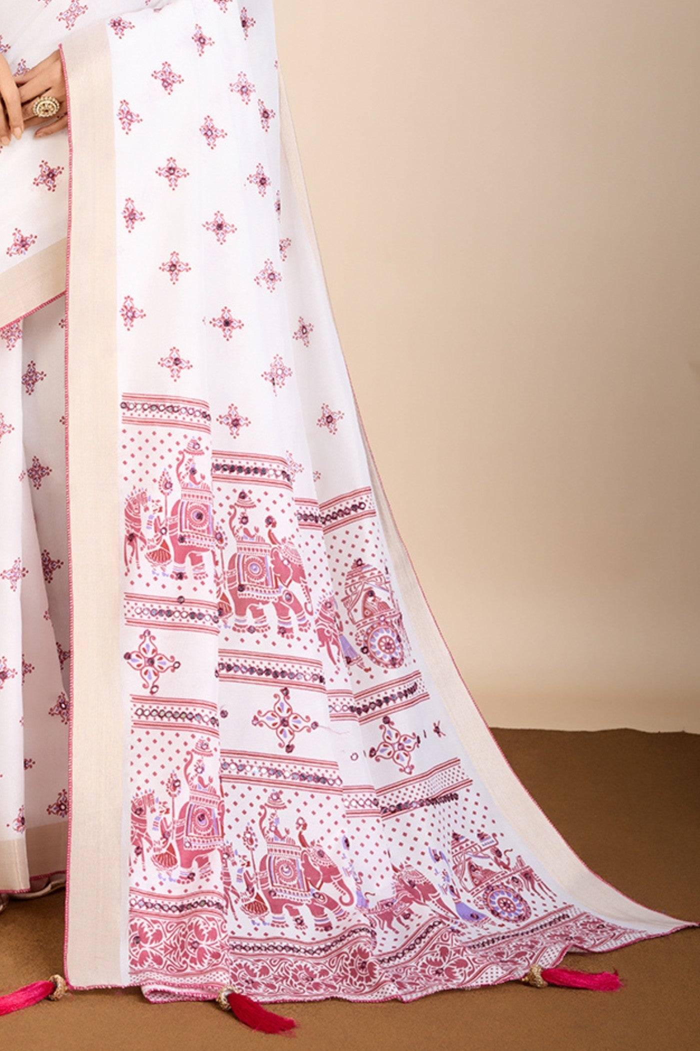 Alice White and Pink Printed Cotton Designer Saree