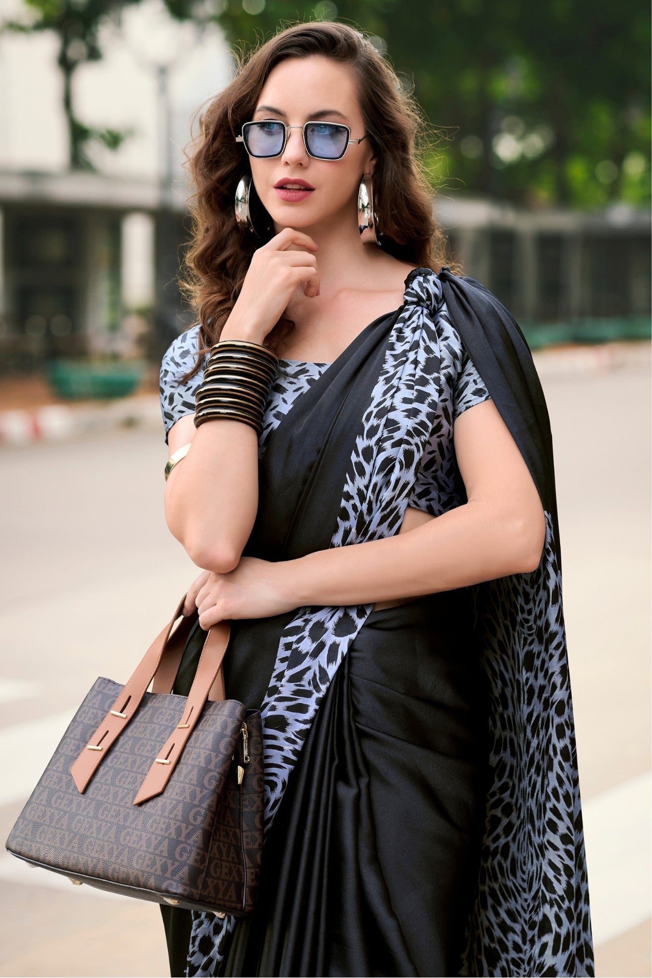 Soot Black Printed Satin Crepe Saree