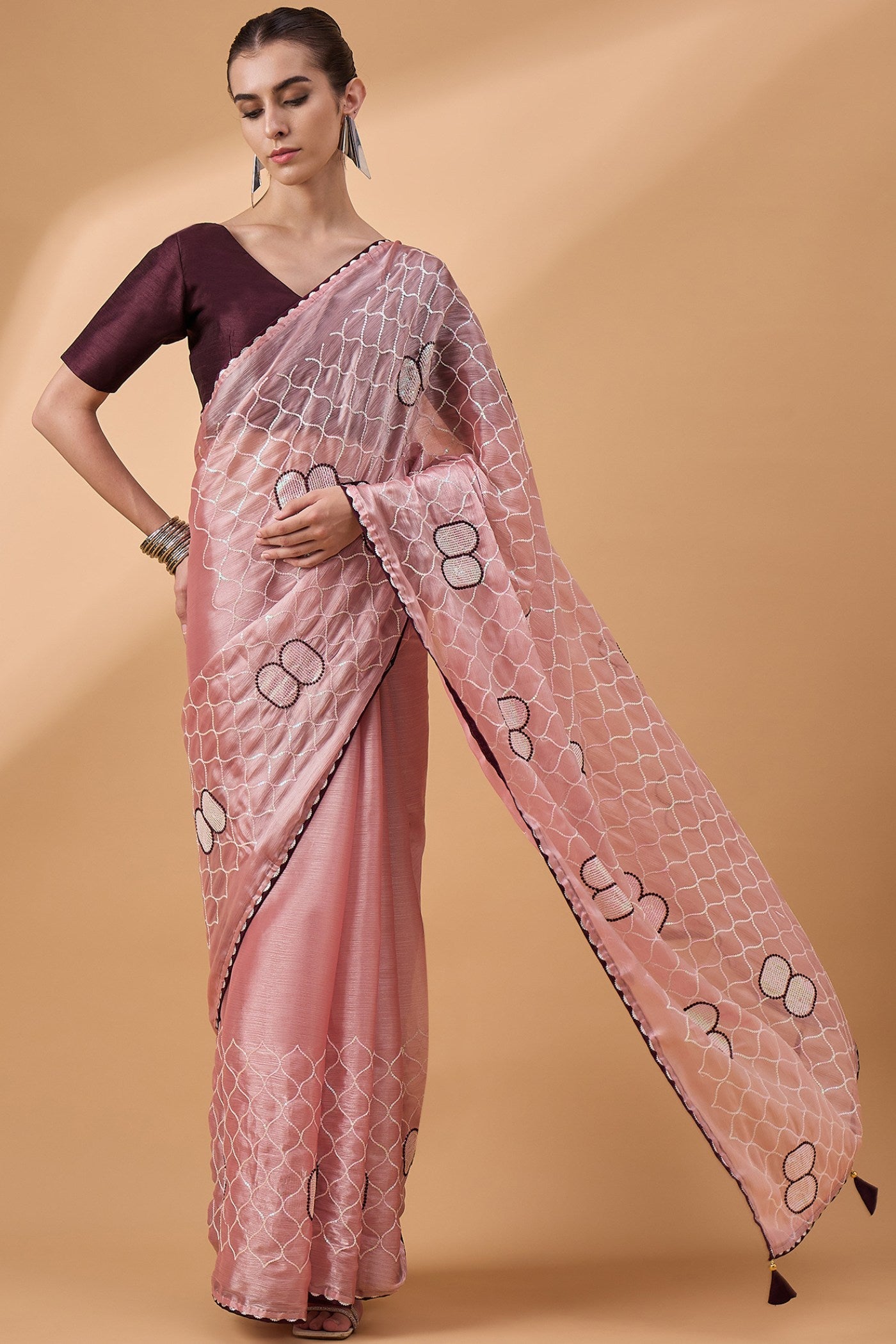 Old Rose Pink Organza Partywear Saree