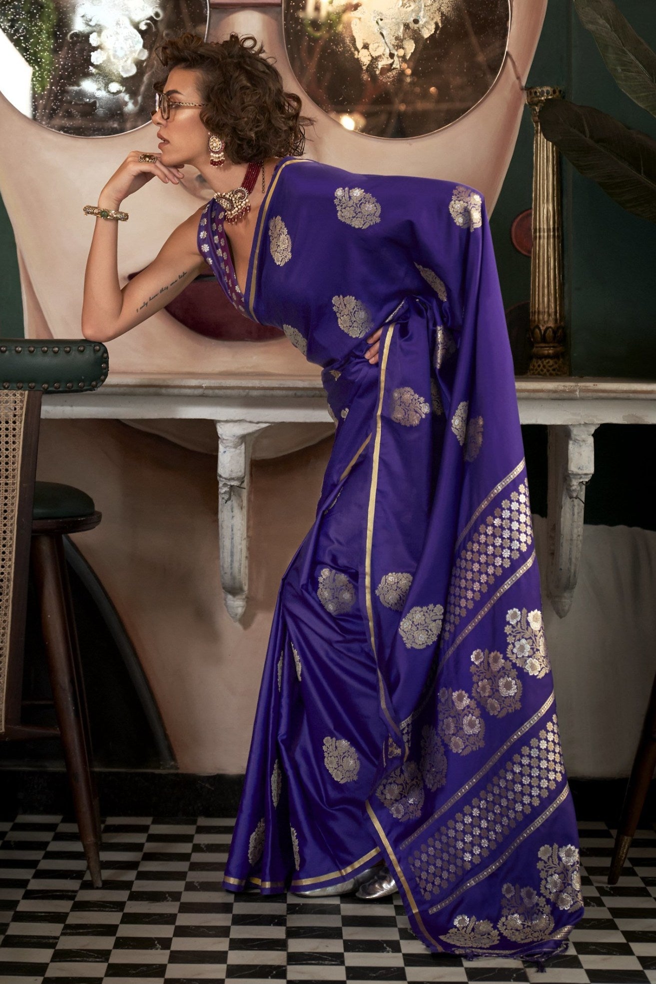 Port Gore Purple Banarasi Handloom Satin Saree