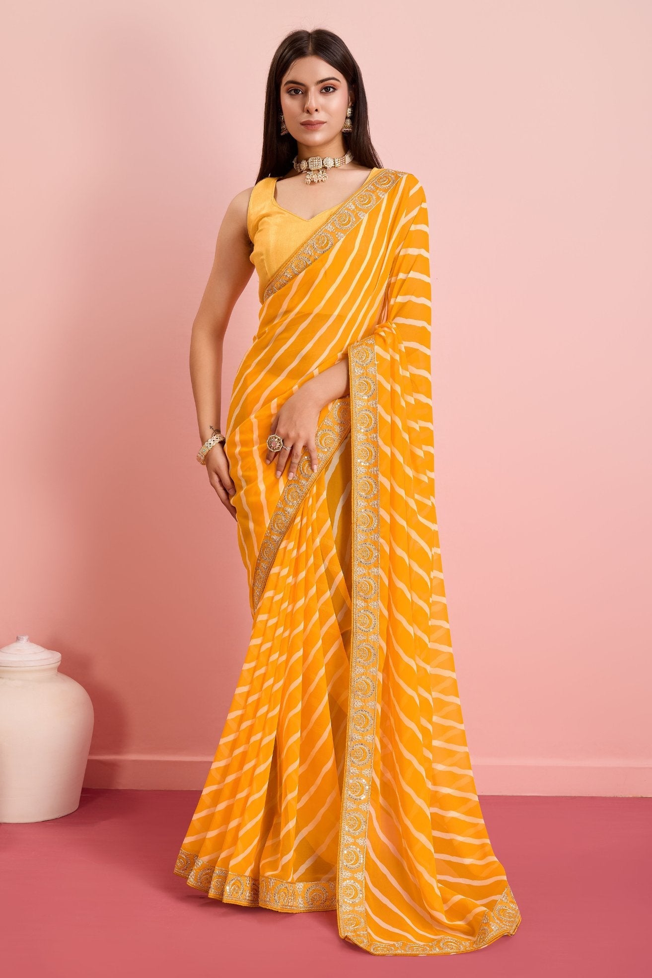 Picasso Yellow Georgette Lehriya Silk saree