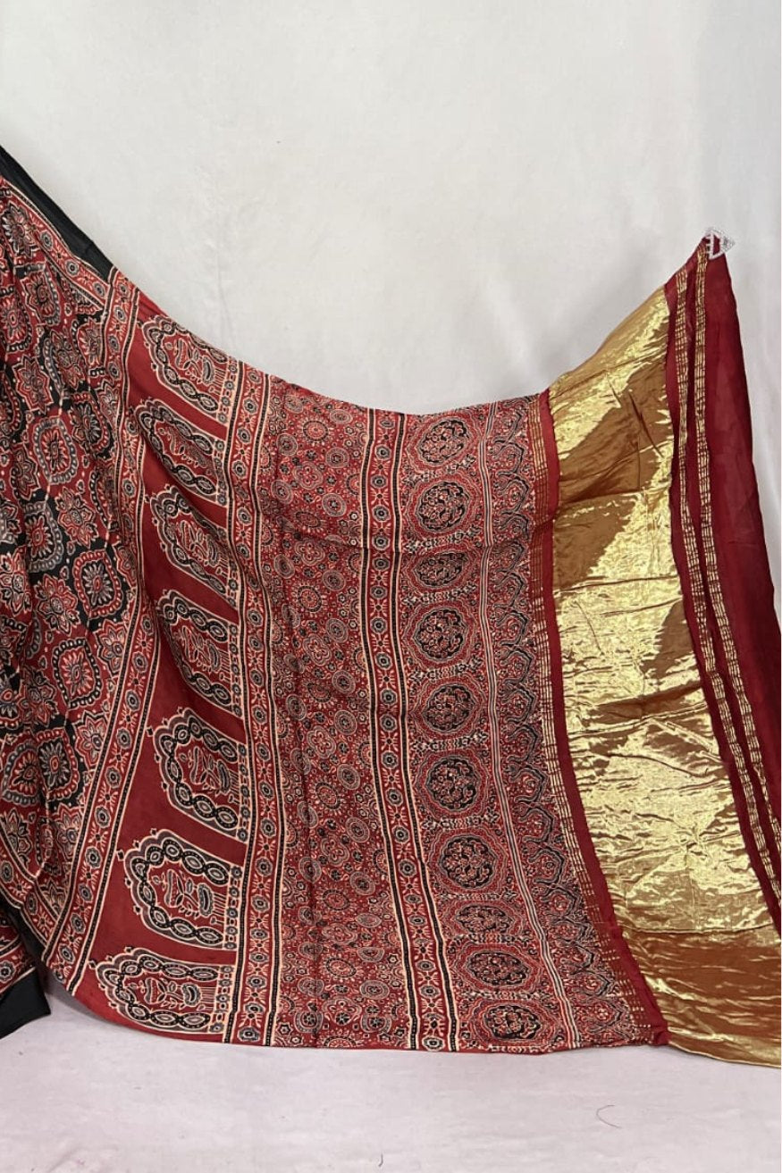 Blast Off Bronze Brown Ajrakh Modal Handblock Printed Silk Saree