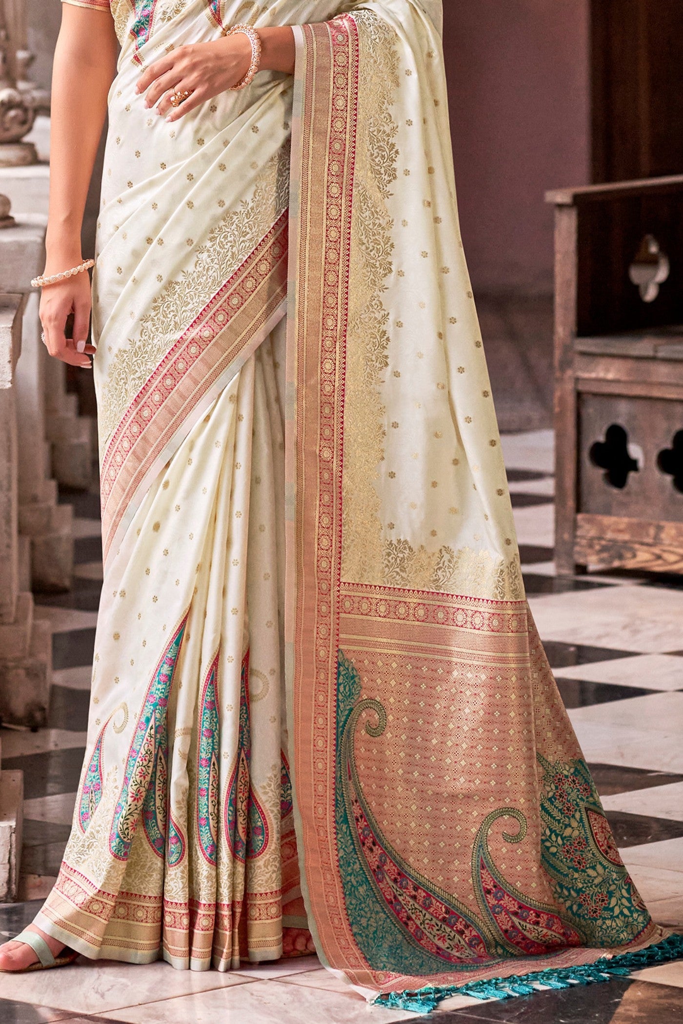 Ice White Banarasi Soft Silk Saree