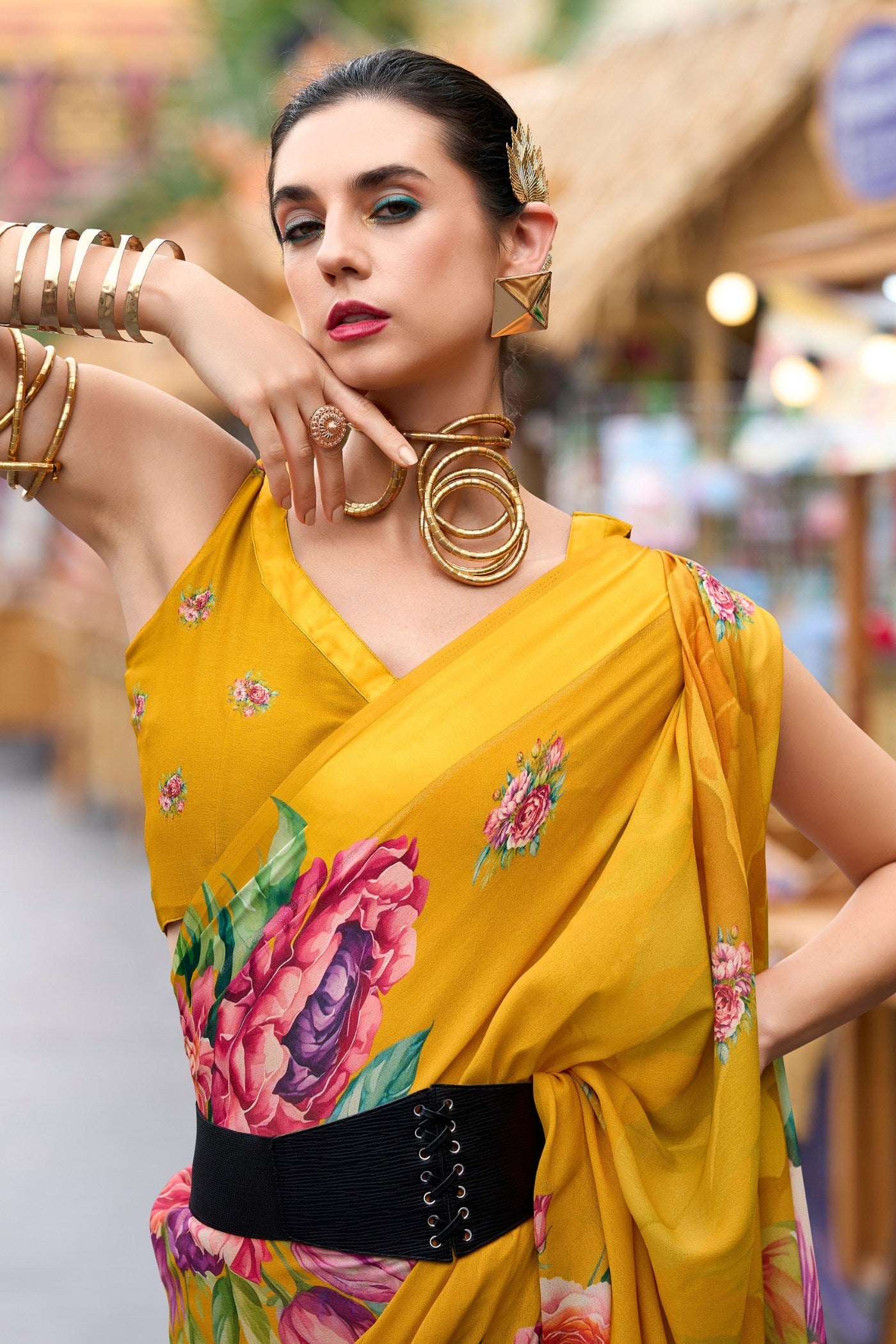 Tree Poppy Yellow Printed Georgette Saree