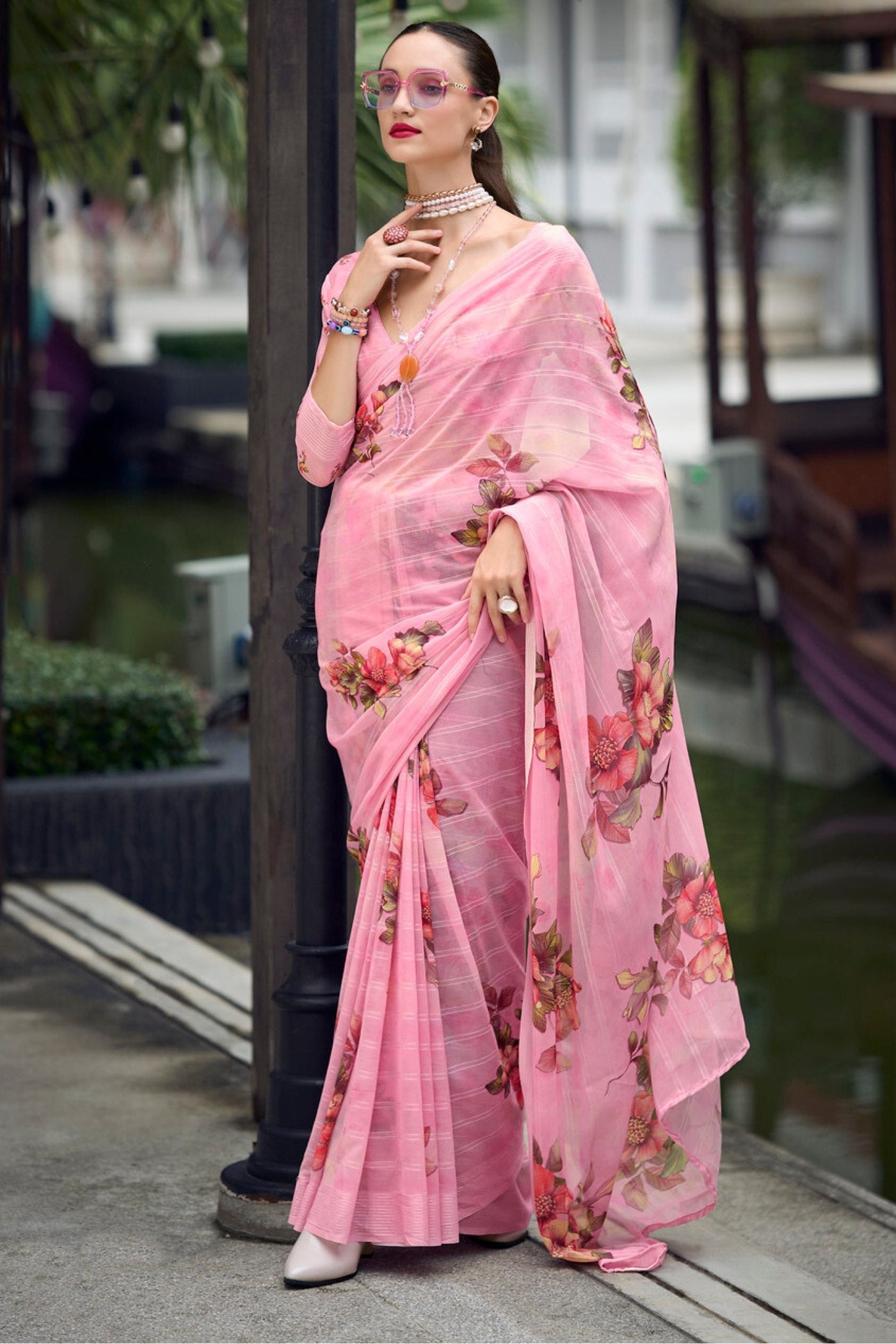 Rose Pink Chiffon Silk Saree