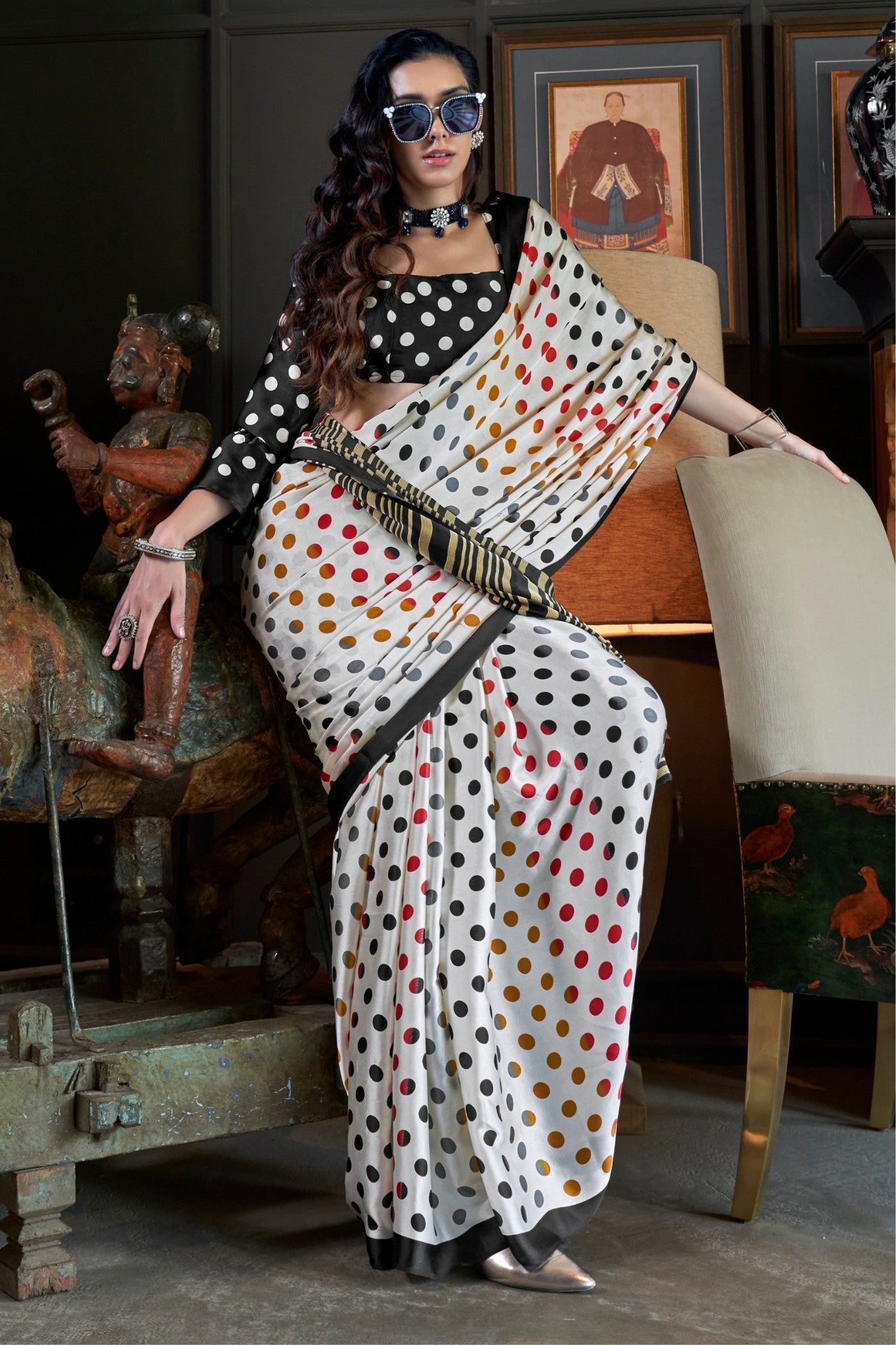 Porcelain White and Black Patola Printed Satin Crepe Saree