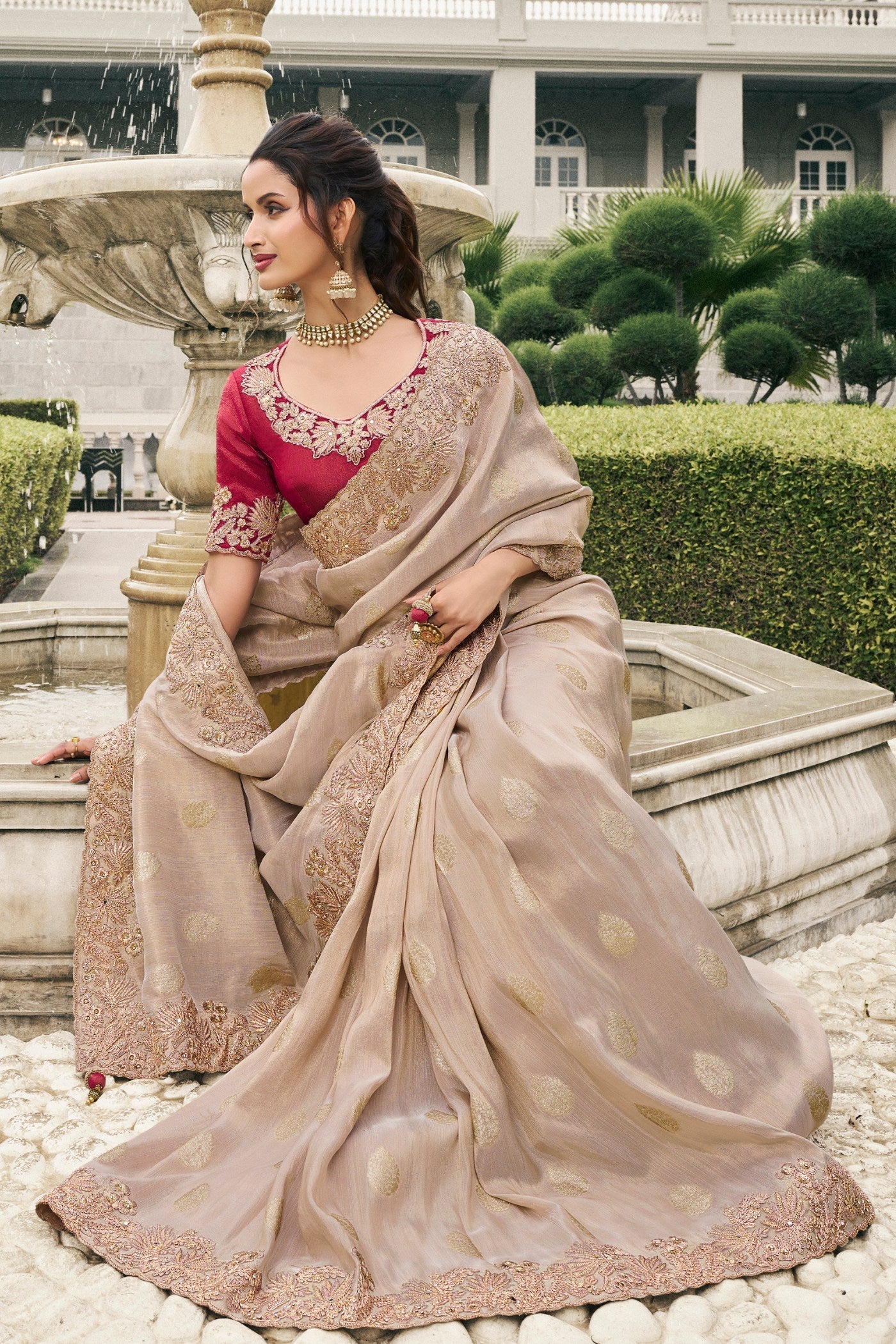 Eunry Pink Banarasi Designer Embroidered Saree