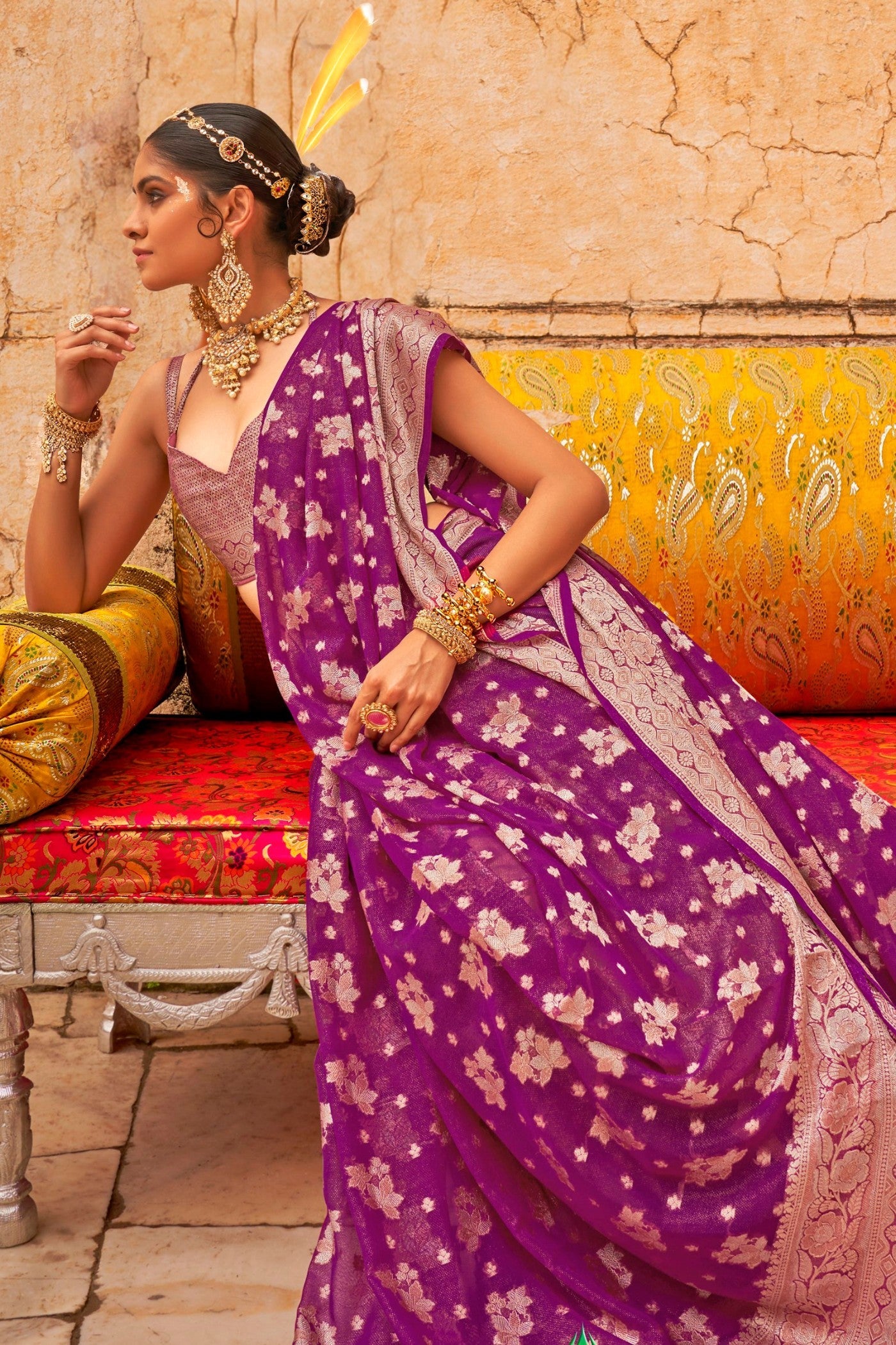 Roseberry Purple Zari Woven Georgette Saree