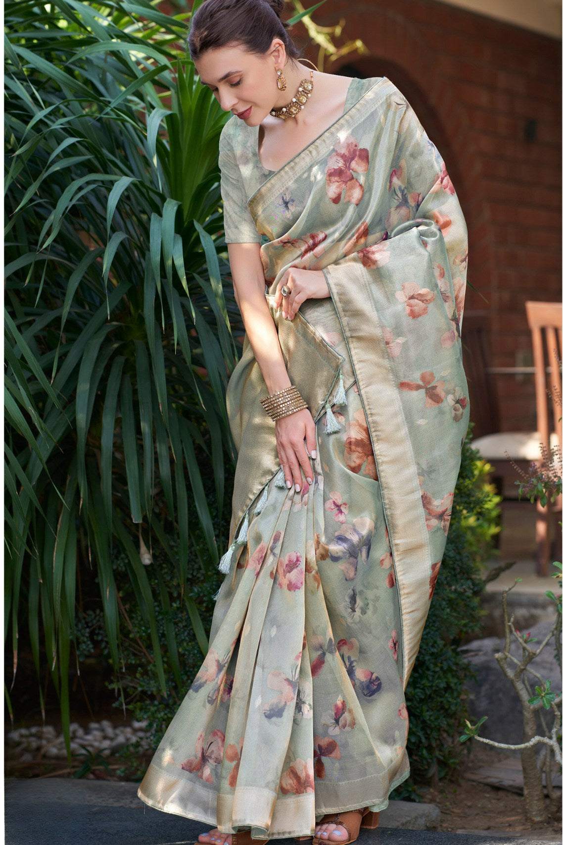 Pumice Grey Digital Printed Organza Saree