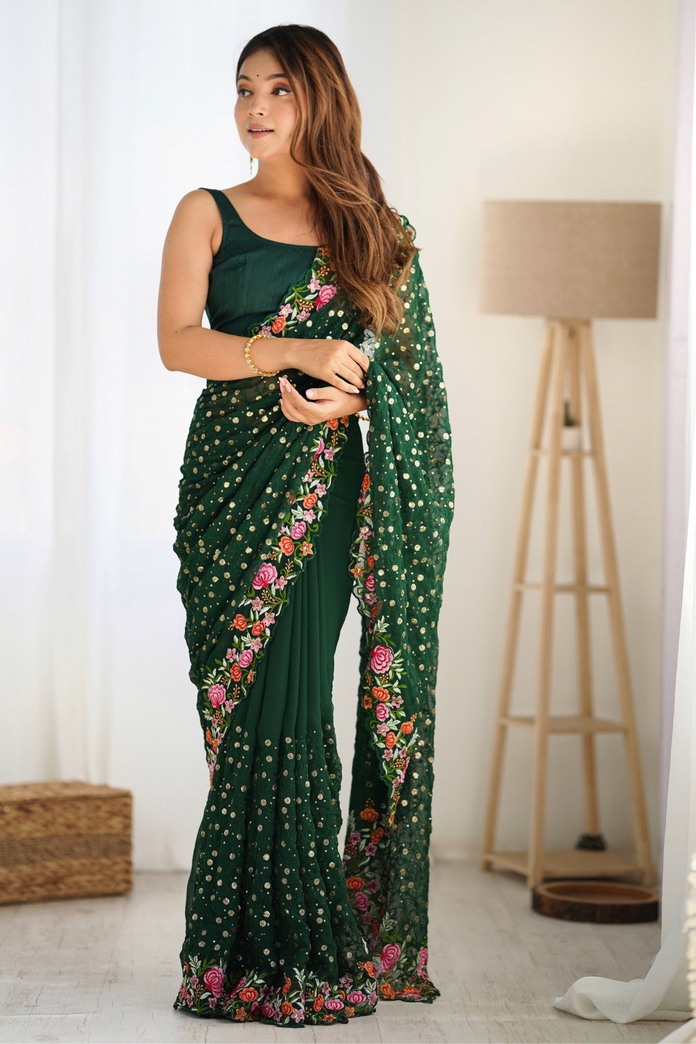 Basil Green Embroidered Georgette Saree