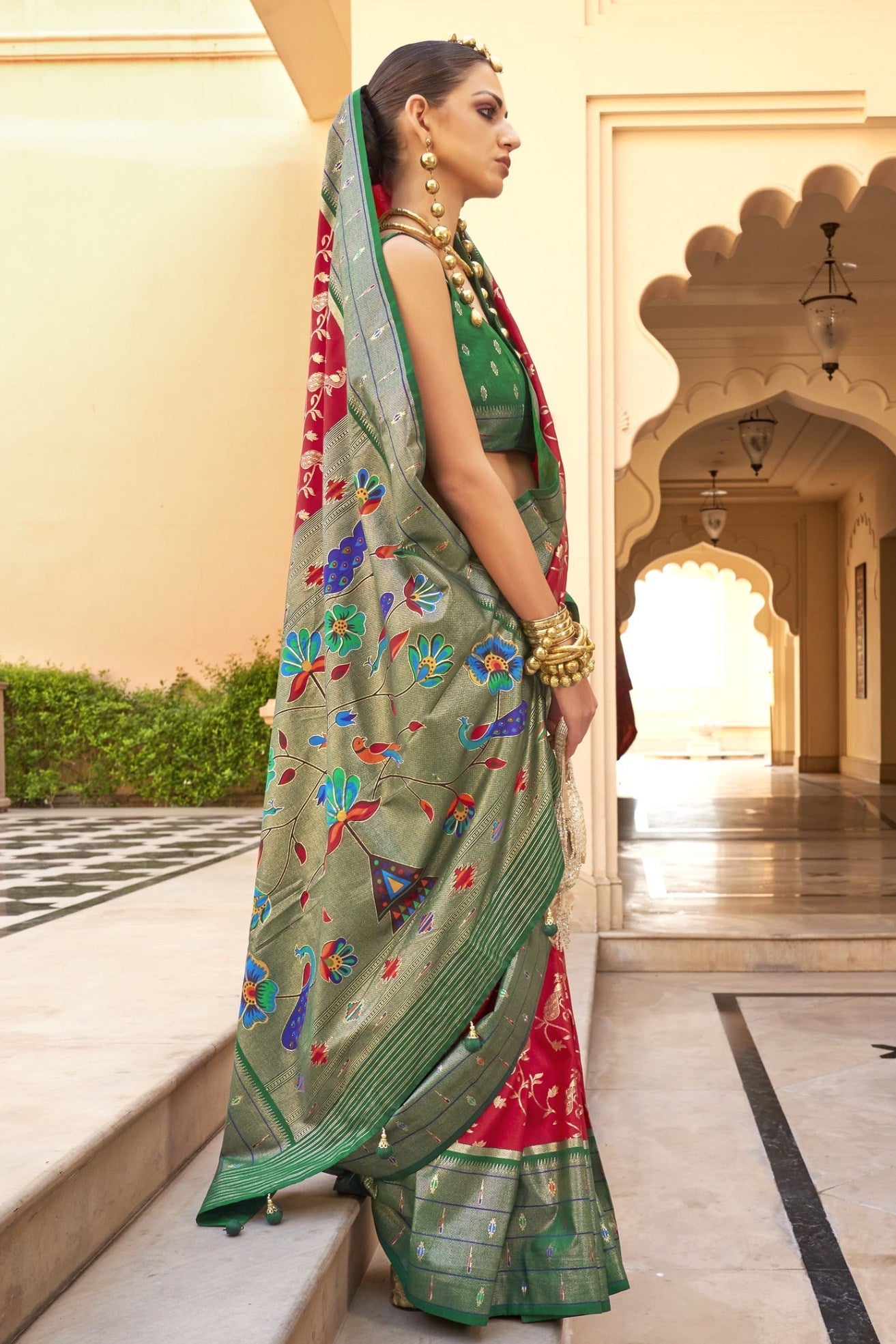 Fire Red and Green Woven Paithani Designer Saree