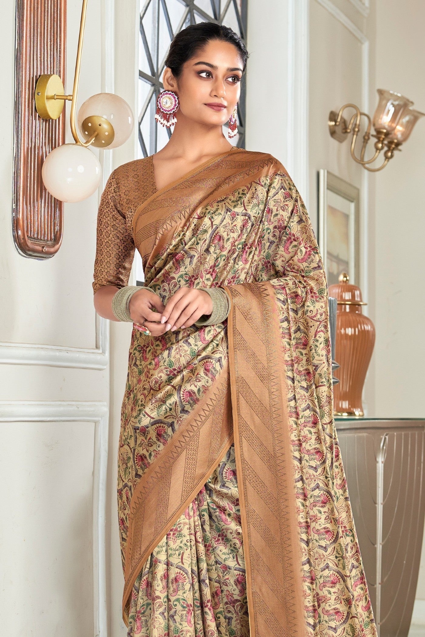 Cameo Cream and Brown Digital Printed Banarasi Saree