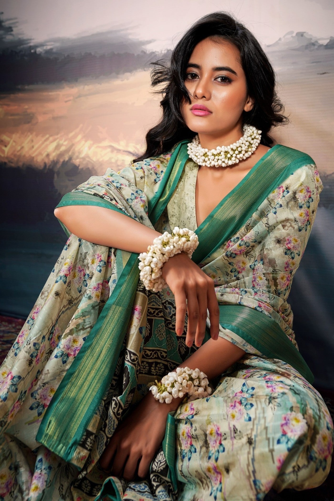 Pale Oyster Green Digital Printed Cotton Saree