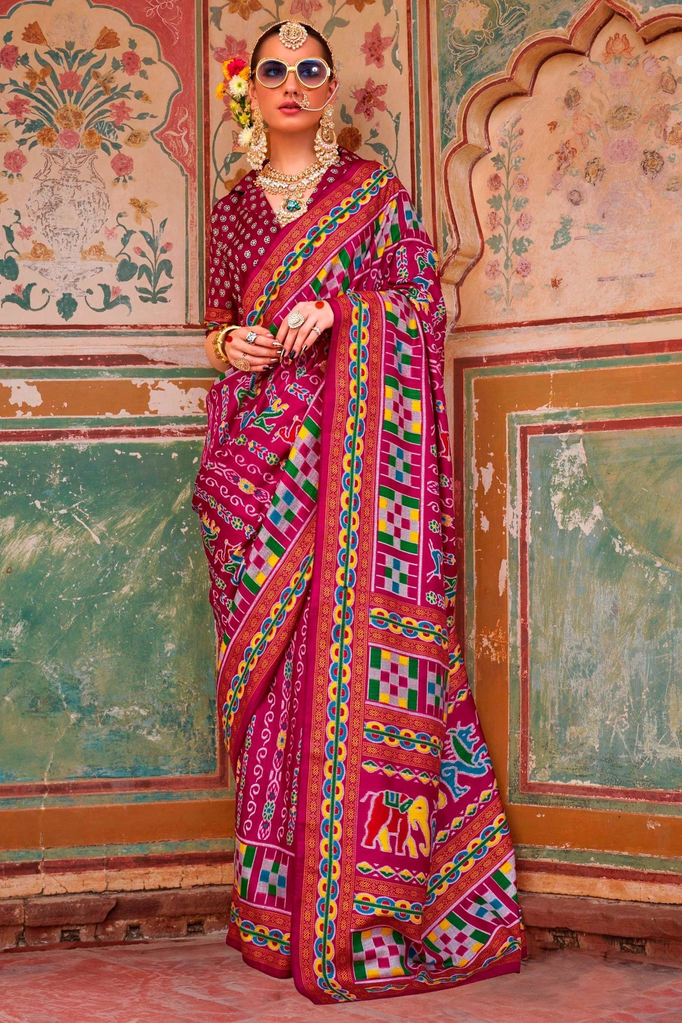 Chestnut Rose Pink Printed Patola Saree