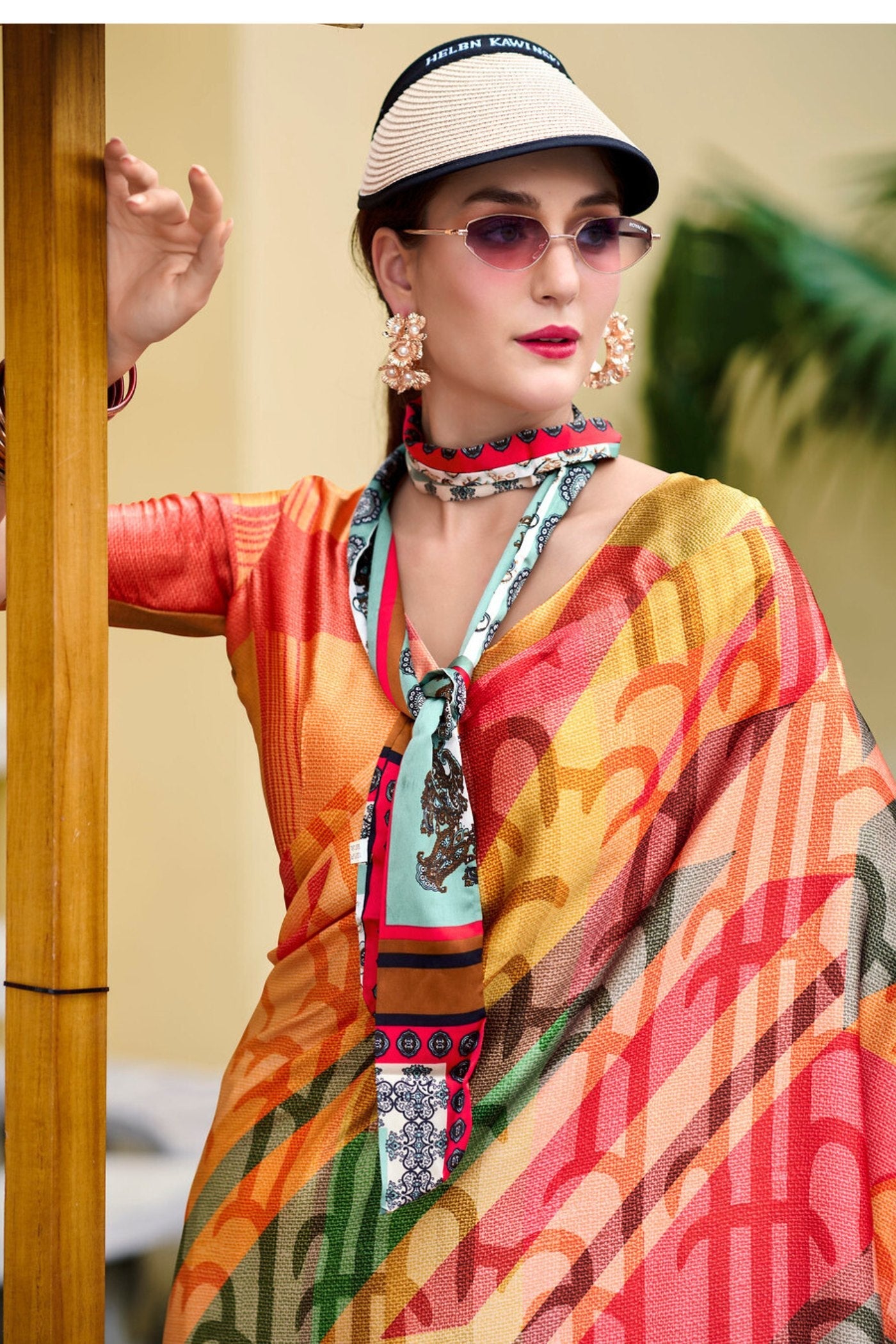 Terracotta Orange Printed Satin Crepe Silk Saree