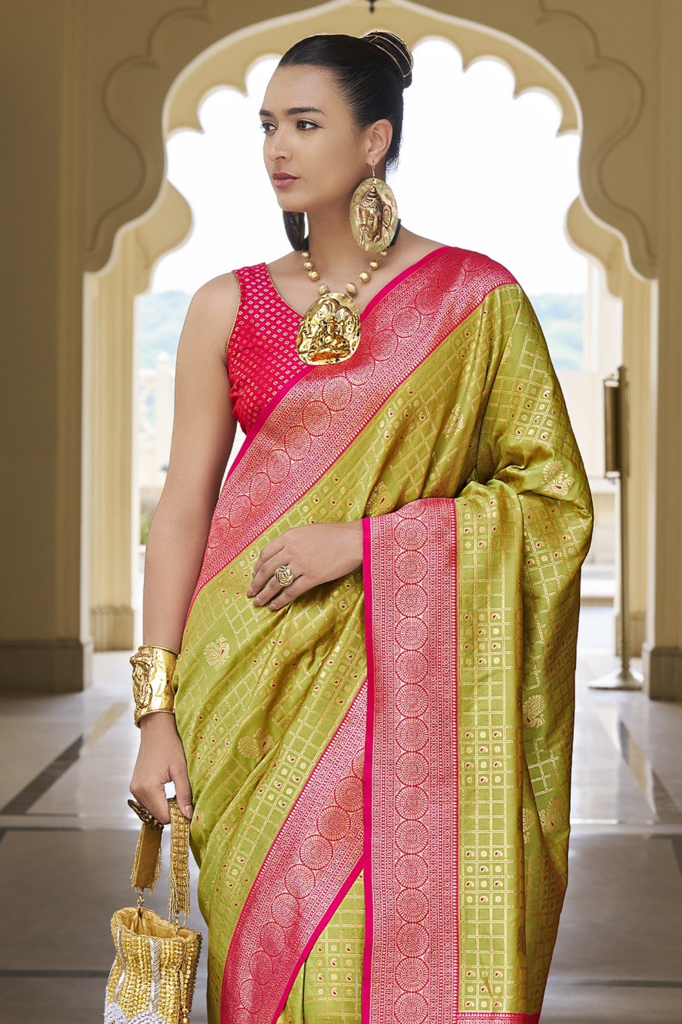 Straw Green Woven Kanjivaram Saree