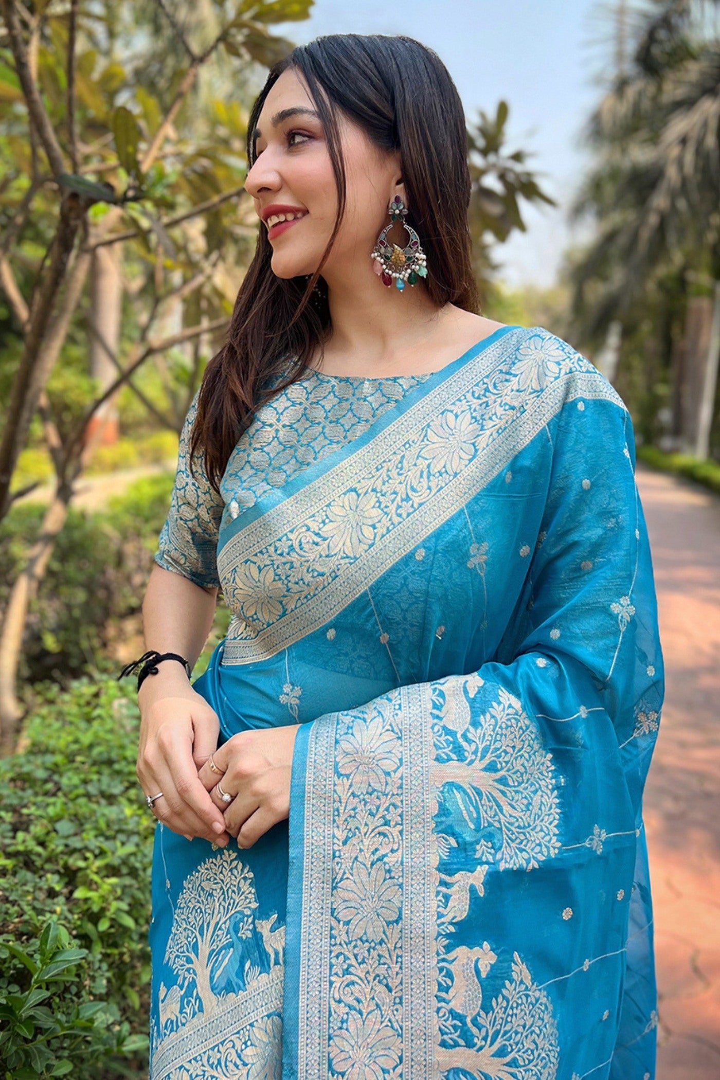 Winter Sky Blue Woven Organza Saree