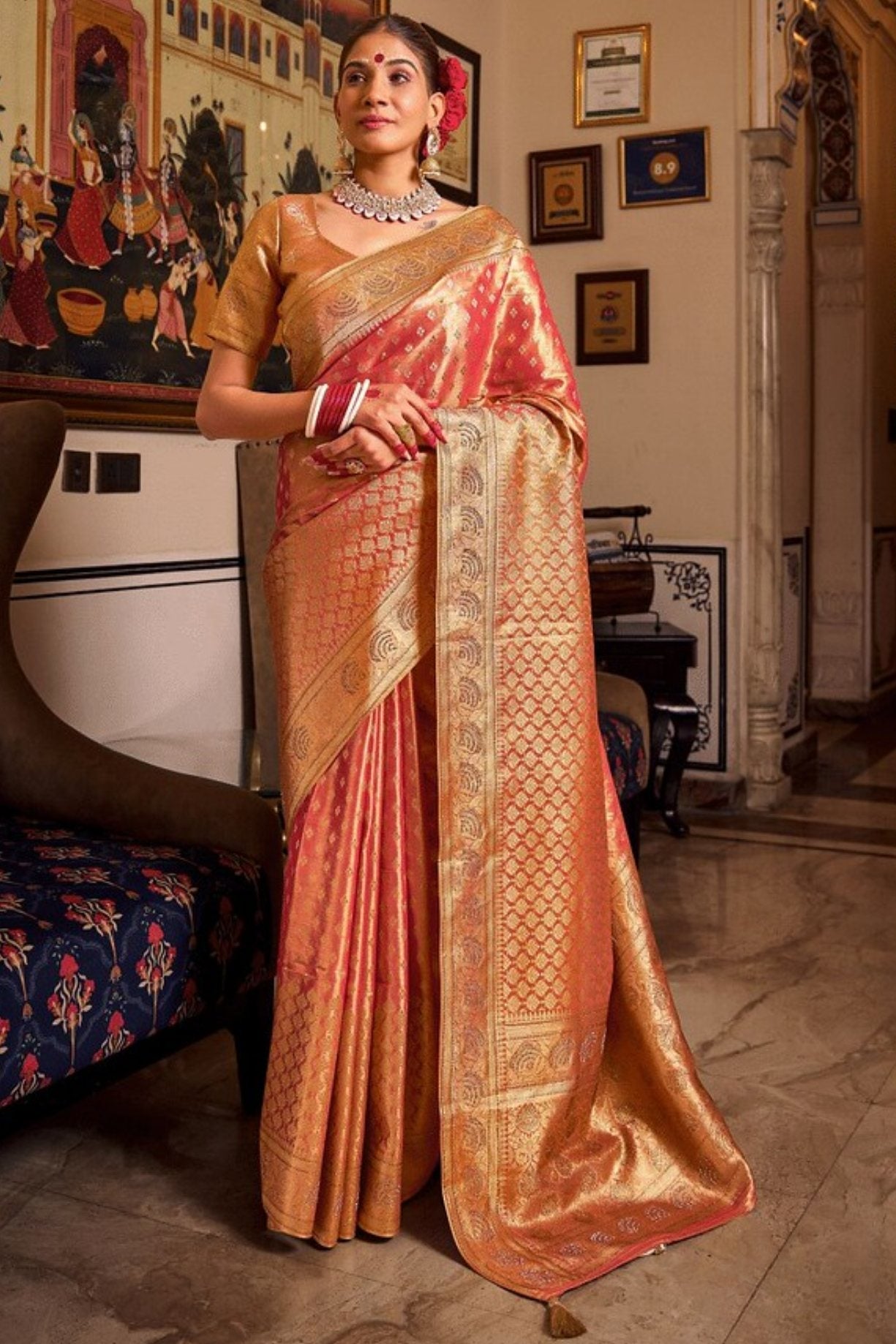 Cedar Chest Orange Zari Woven Banarasi Saree