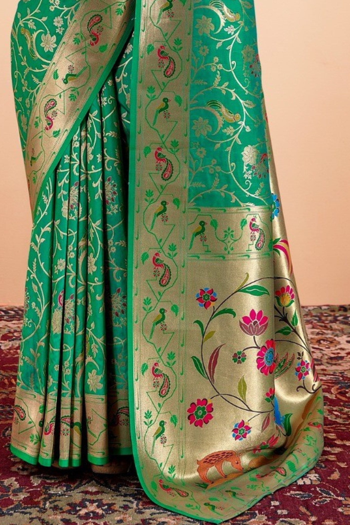 Lincoln Green Woven Paithani Saree