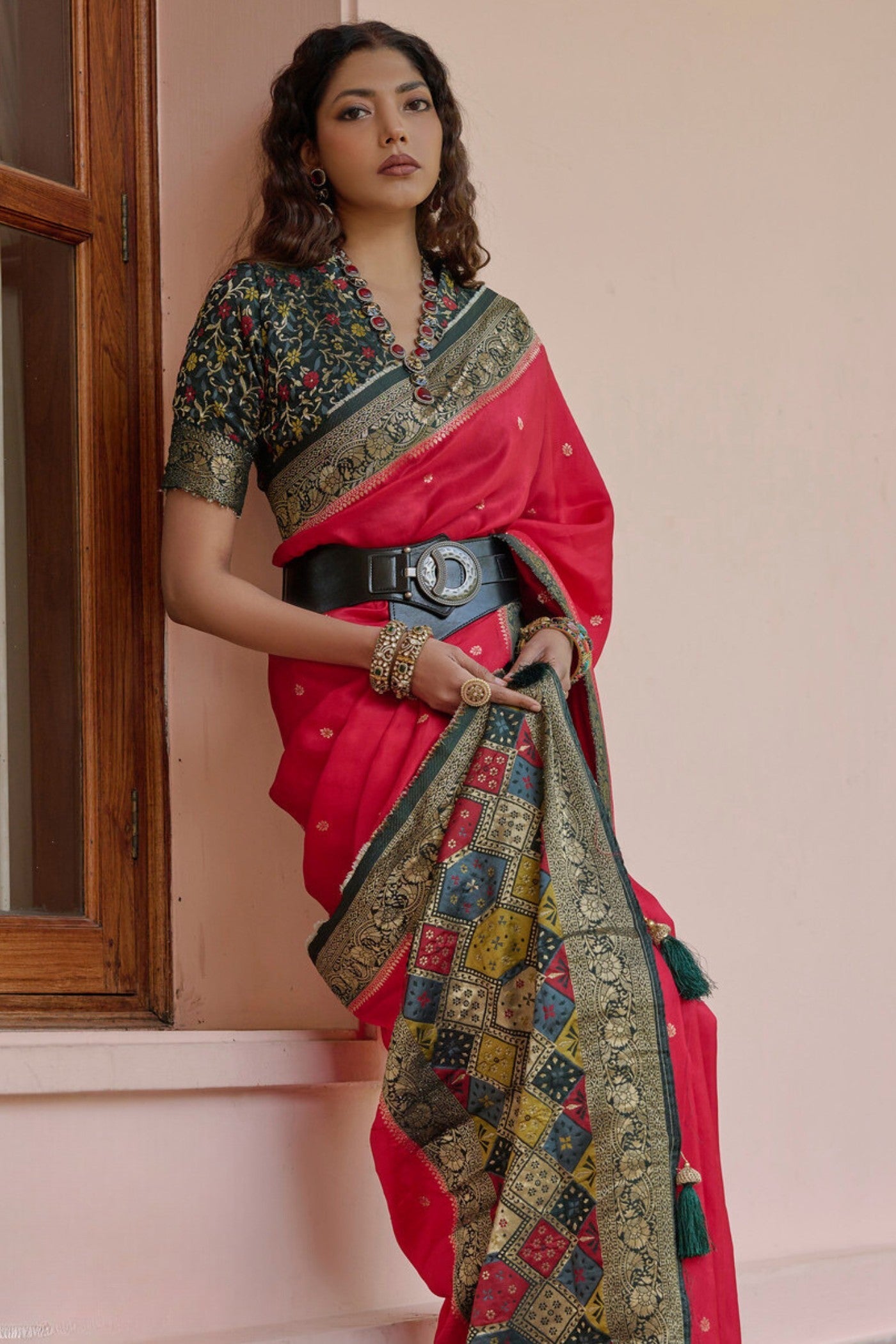 Brick Red and Green Banarasi Handloom Saree