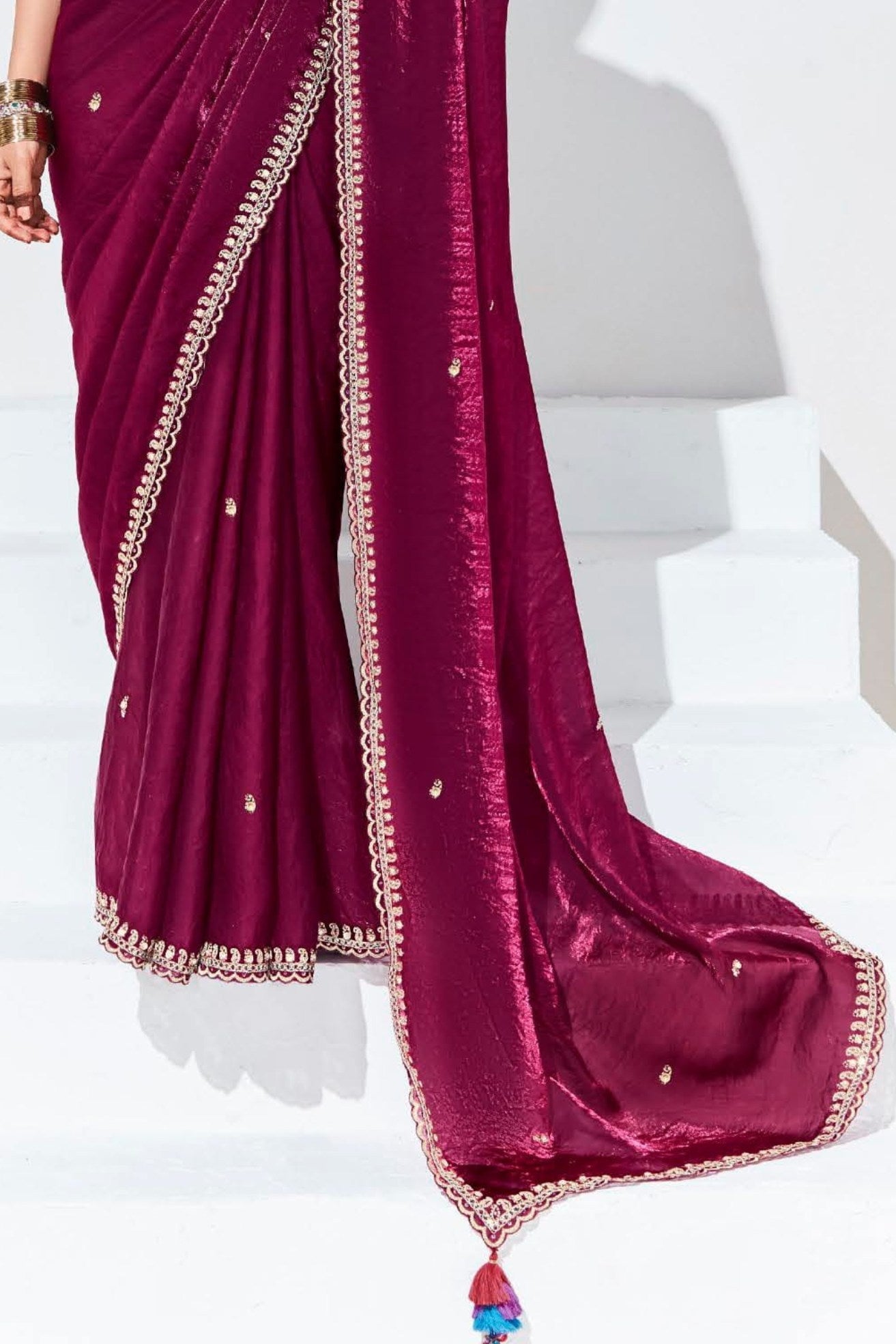 Rose Bud Cherry Maroon Tissue Organza Designer Partywear Saree