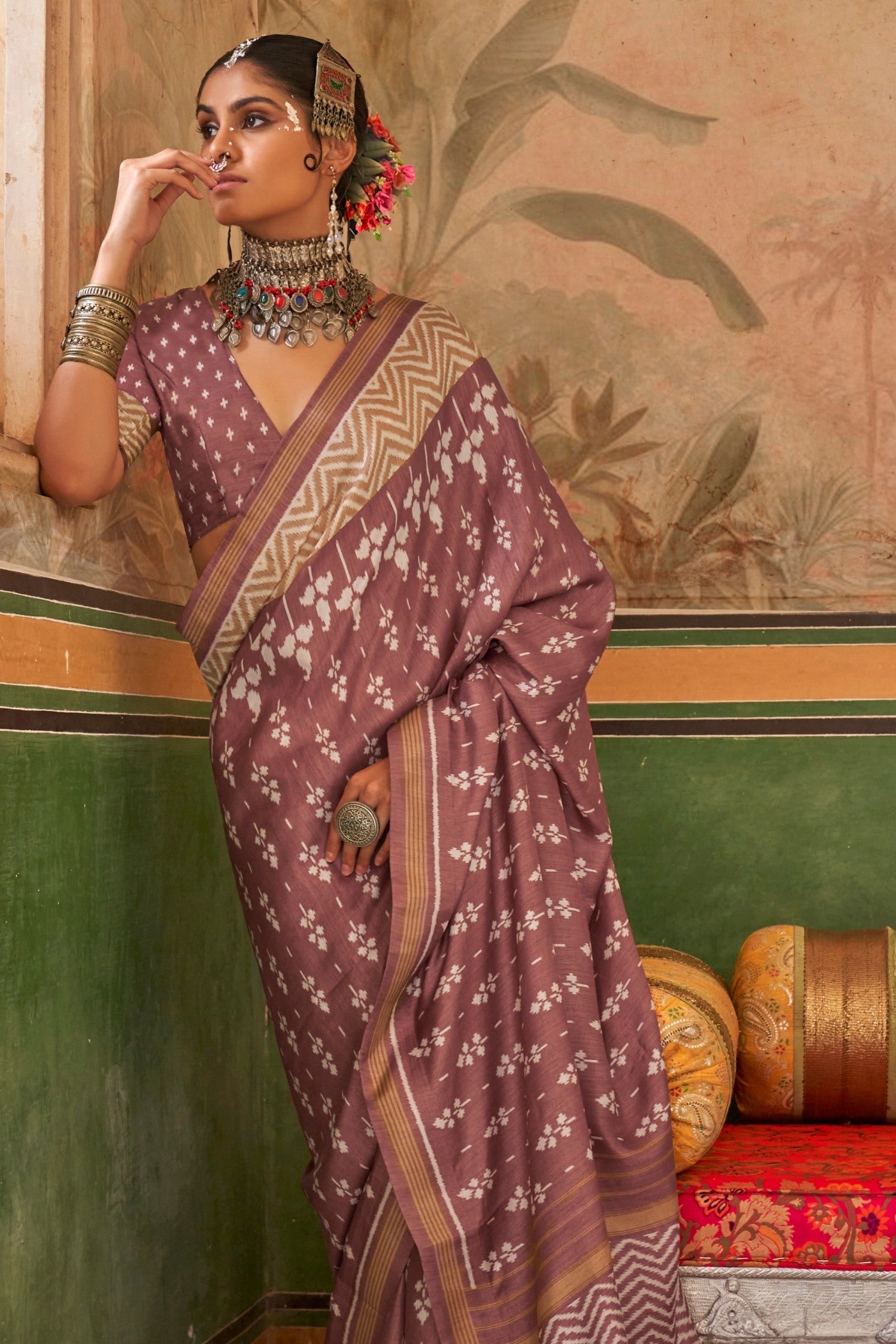 Au Chico Brown Printed Patola Saree