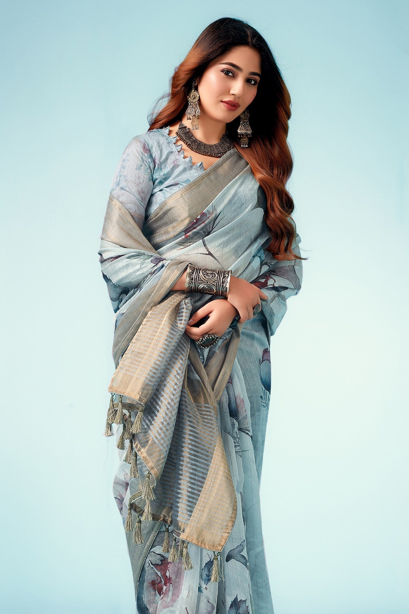 Cascade Blue Floral Linen Saree